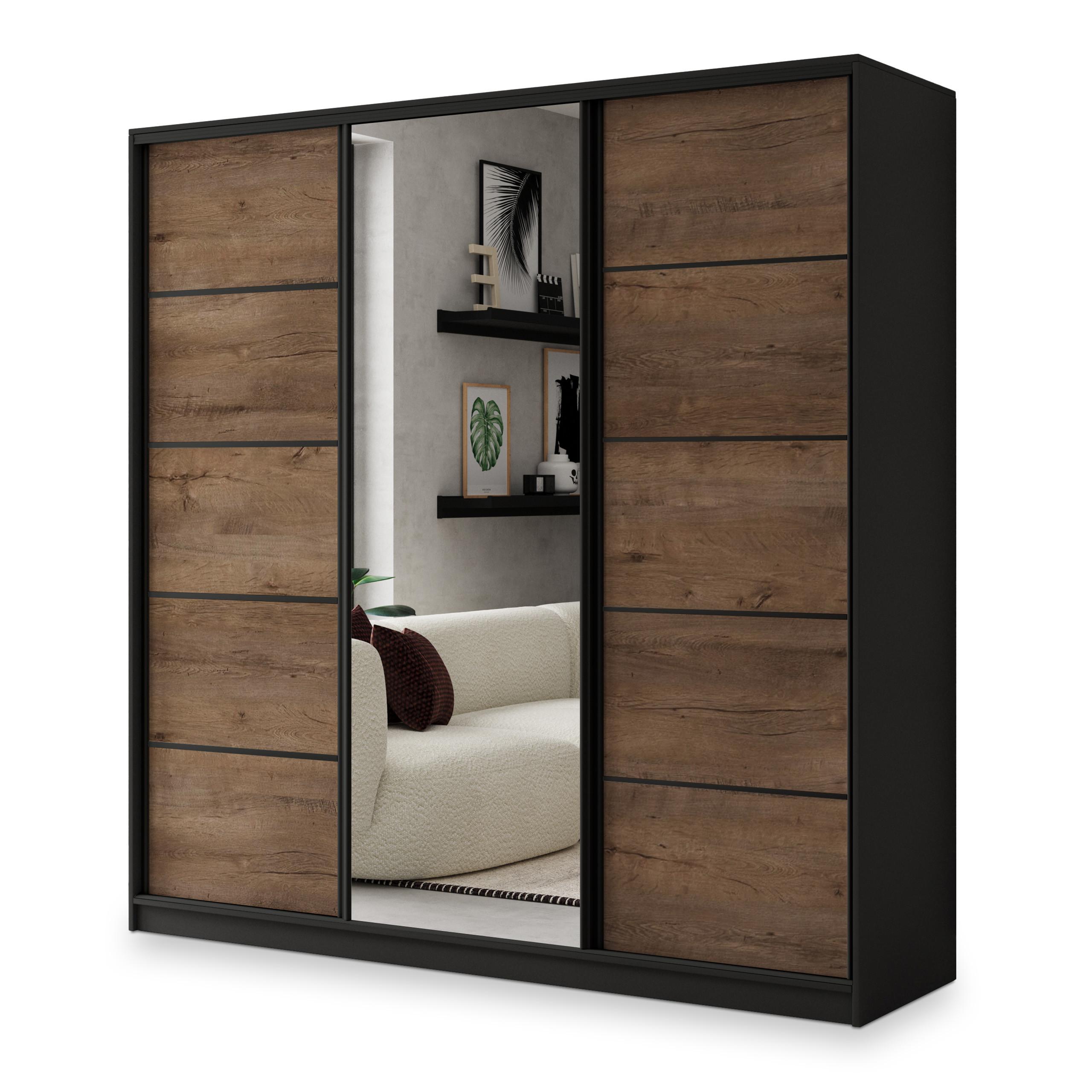 SCHWEBETÜRENSCHRANK NATA 180/205/58 cm 3-türig mit Spiegel und Schubladen Schwarz / Eiche Lefkas - Eichefarben/Schwarz, Holzwerkstoff (180/205/58cm) - MASSENO
