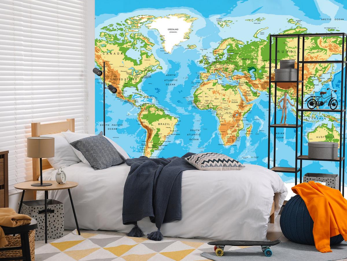 FOTOTAPETE für Wohnzimmer Physische Weltkarte Schriften 350x256 - Blau/Gelb, Papier (350/256cm) - Muralo