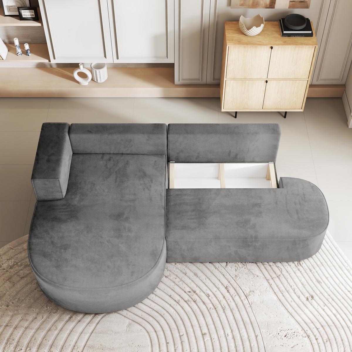 ECKSOFA CORTIO M L-S Grau Velours-Stoff mit Schlaffunktion - Grau, Holz/Kunststoff (265/174cm) - MASSENO