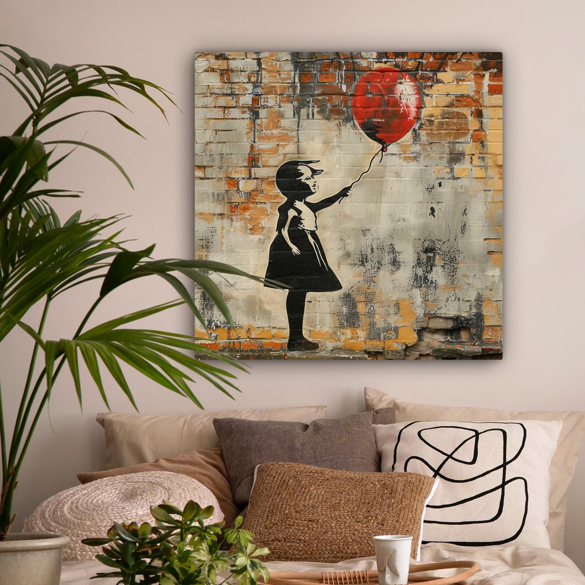 LEINWANDBILD Graffiti - Banksy - Mädchen - Straßenkunst Deko Groß 90x90 cm - Sandfarben, Textil (90/90cm) - MuchoWow