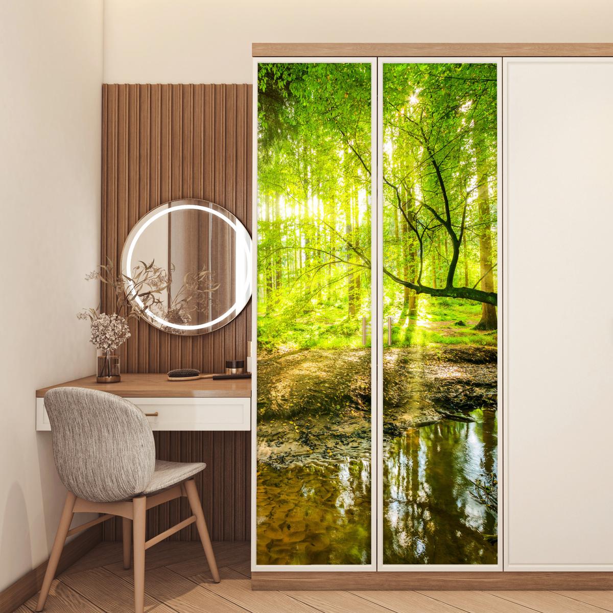 TÜRAUFKLEBER Wald - Landschaft - Wasser - Bäume - Sonne - Grün - Natur 90x215 cm - Türtapete - Hellgrün, Kunststoff (90/0.1cm) - MuchoWow