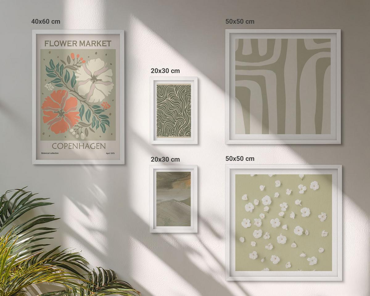 BILDER SET 5er Set - 50x50 cm & 20x30 cm & 40x60 cm Weißer Rahmen - Abstrakte Boho-Muster - Weiß, Kunststoff (40/60cm) - TULUP