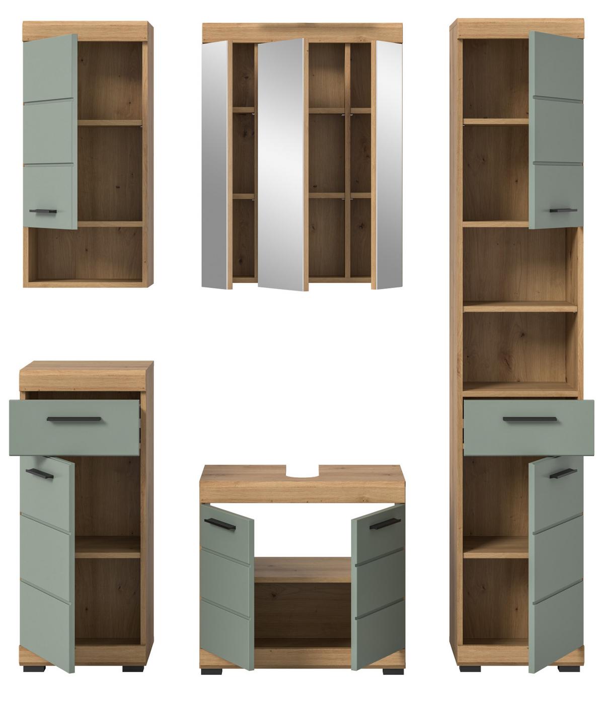 BADMÖBEL-SET Salbei grün, Eiche Artisan 5-teilig 164 cm, Komplettset mit viel Stauraum - Salbeigrün/Schwarz, Glas/Holzwerkstoff (164/191/34cm) - Inn.Furn