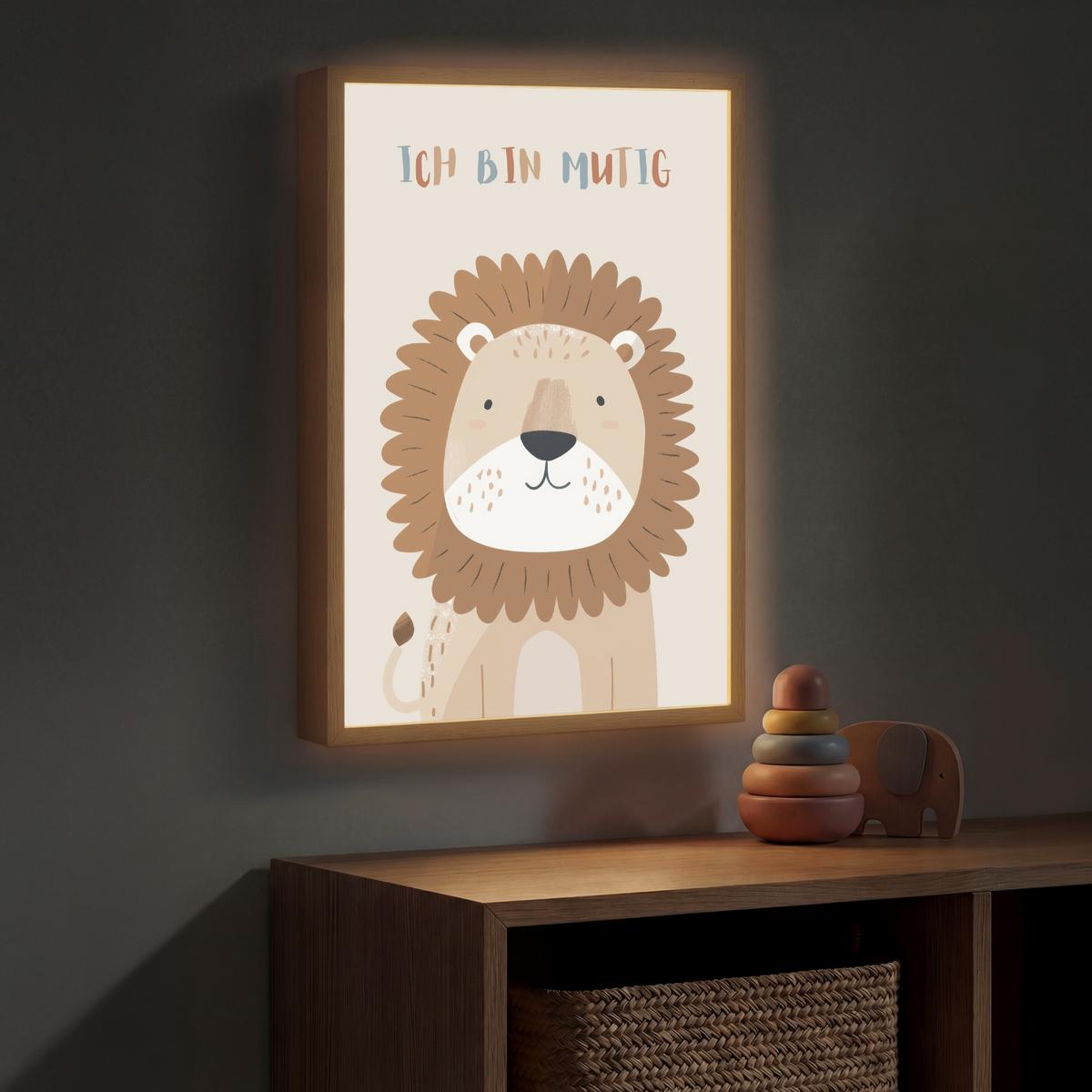 NACHTTISCHLAMPE MIT AKKU Löwe - Beige - Tier - Mutig - Zitat 40x60 cm - Beige, Holzwerkstoff (8/40/60cm) - OnlyWow