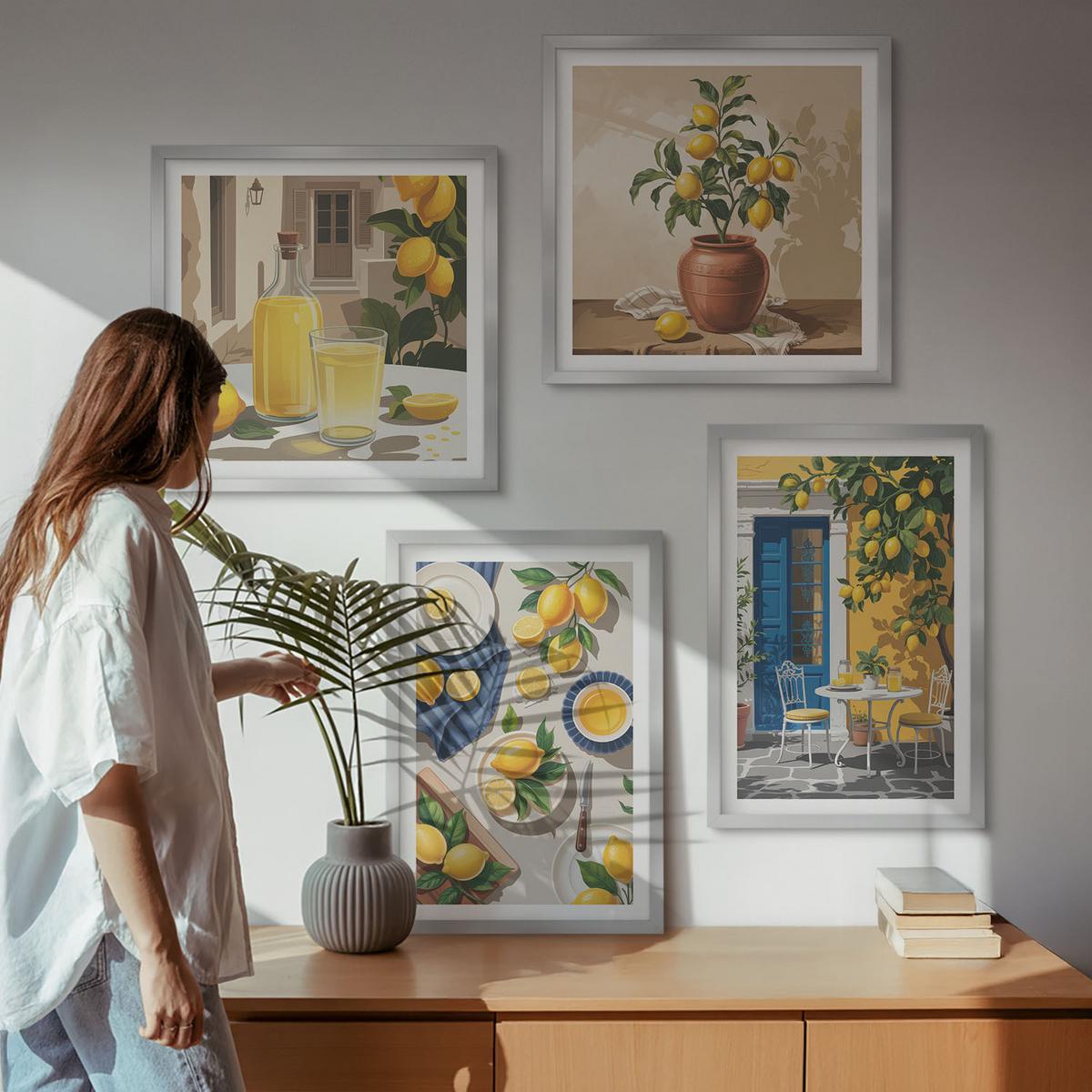 BILDER SET 4er Set - 50x50 cm & 40x60 cm Silberner Rahmen - Zitronengarten mit Getränken - Silberfarben, Kunststoff (50/50cm) - TULUP