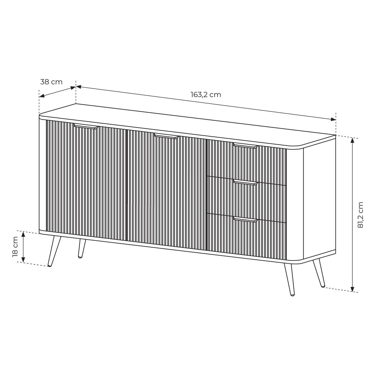 SIDEBOARD Vespasia 2T 3S Schwarz 163,2/81,2/38 cm – Geriffelten Fronten - Schwarz, Holzwerkstoff/Metall (163.2/81.2/38cm) - AX Living
