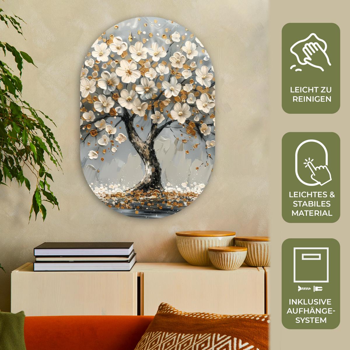 WANDBILD Baum - Gold - Blumen - Abstrakt - Kunst Wanddeko Schlafzimmer 60x90 cm - Goldfarben, Kunststoff (60/90cm) - MuchoWow