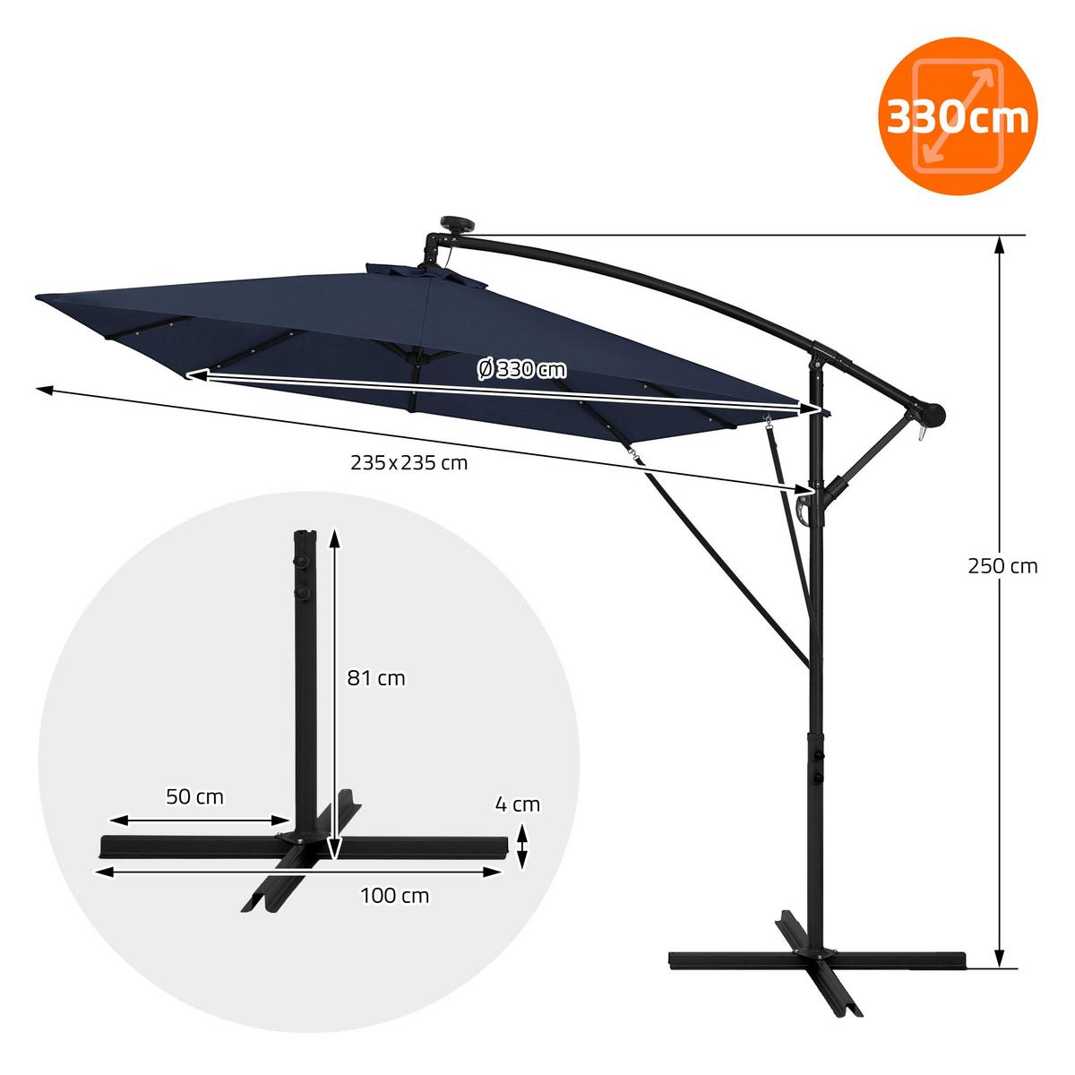 AMPELSCHIRM Ø 330 cm in Navy Blau aus Aluminium mit LED-Solar - Blau, Metall (330/330cm) - ML-DESIGN