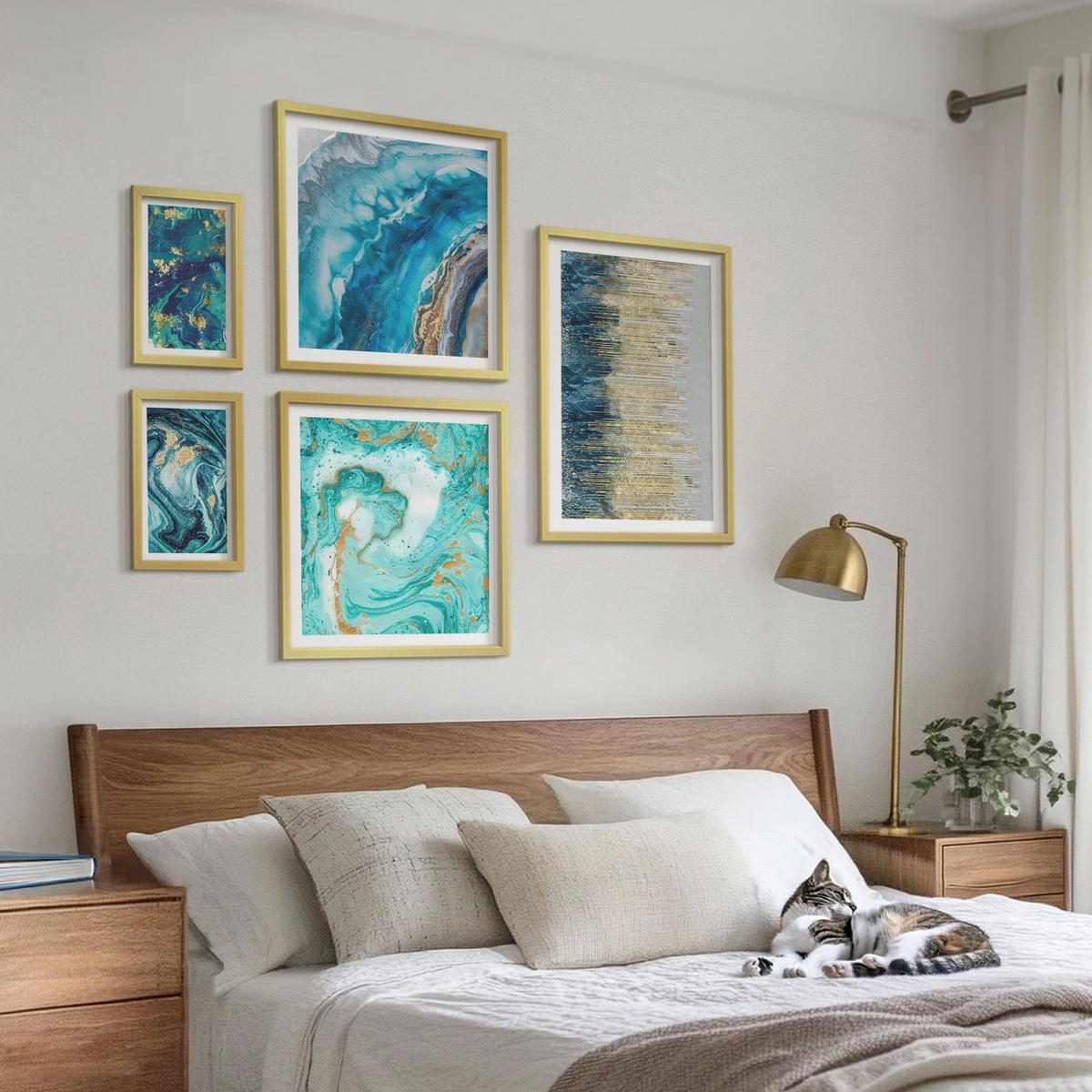 BILDER SET 5er Set - 50x50 cm & 20x30 cm & 40x60 cm Goldrahmen - Wilde Landschaften, Berge, Hirsche - Goldfarben, Kunststoff (40/60cm) - TULUP