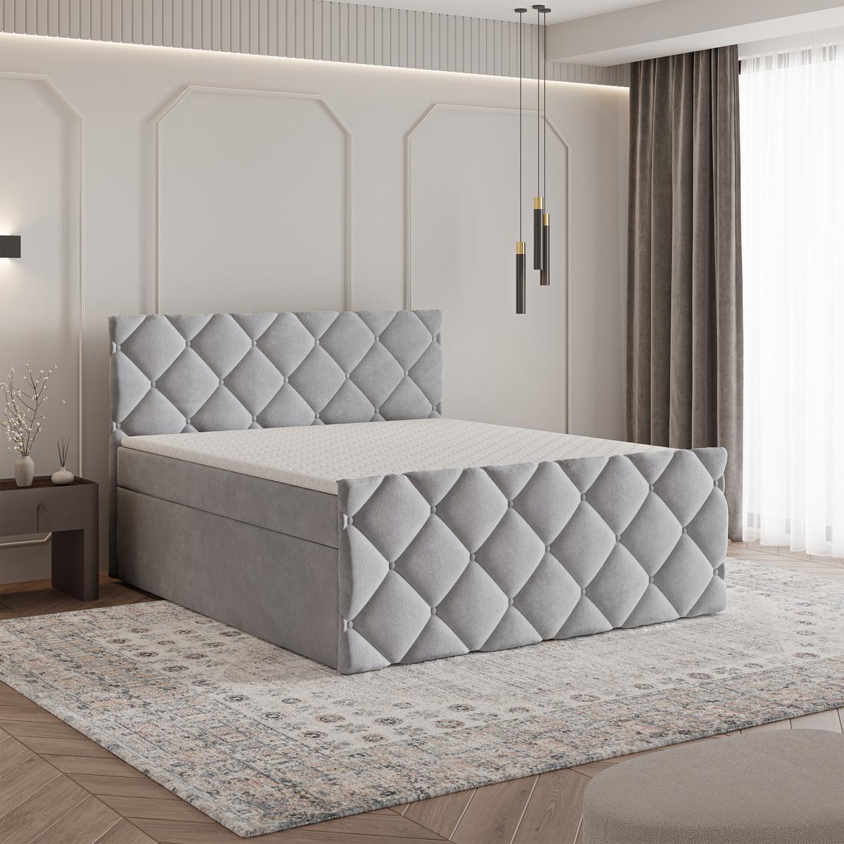BOXBETT ROVARI 160x200 cm mit Matratze und Topper - Hellgrau - Hellgrau, Holz (160/200cm) - MASSENO