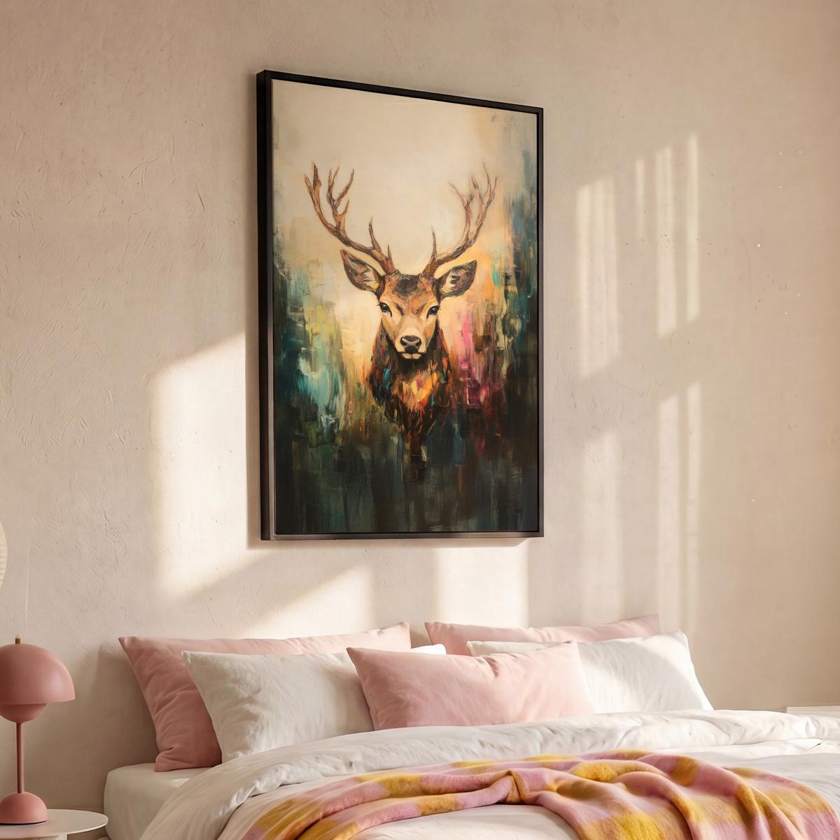 LEINWAND Bilder mit Rahmen - Hirsch - Gemalt - Geweih - Braun - 80x120 - Haselnussfarben, Textil (80/120cm) - MuchoWow