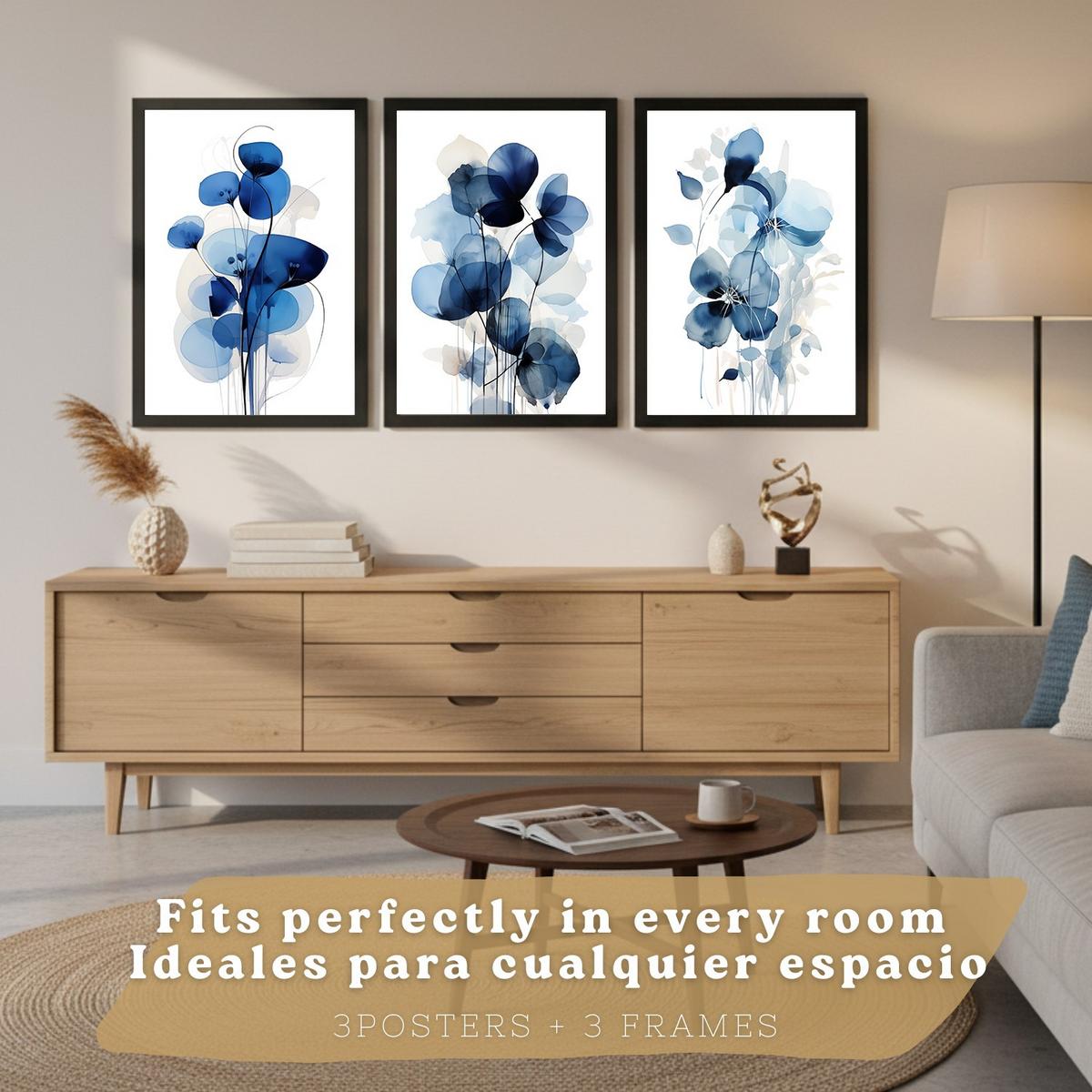 POSTER 3er-Set Wandbilder Blumen Blau modern Wohnzimmer Deko, Schlafzimmer, Küche, Badezimmer Schwarzer Rahmen A4 - Schwarz, Papier (29.7/1/21cm) - Nacnic