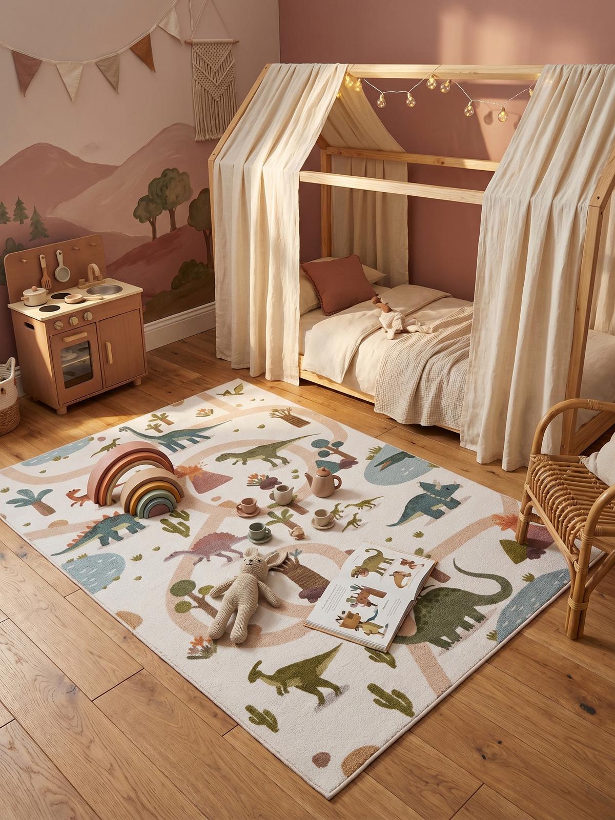 SPIELTEPPICH Waschbar TINO in Creme, mit Dino-Landschaft, 140 x 200 cm - Beige, Textil (200/140cm) - KADIMA DESIGN