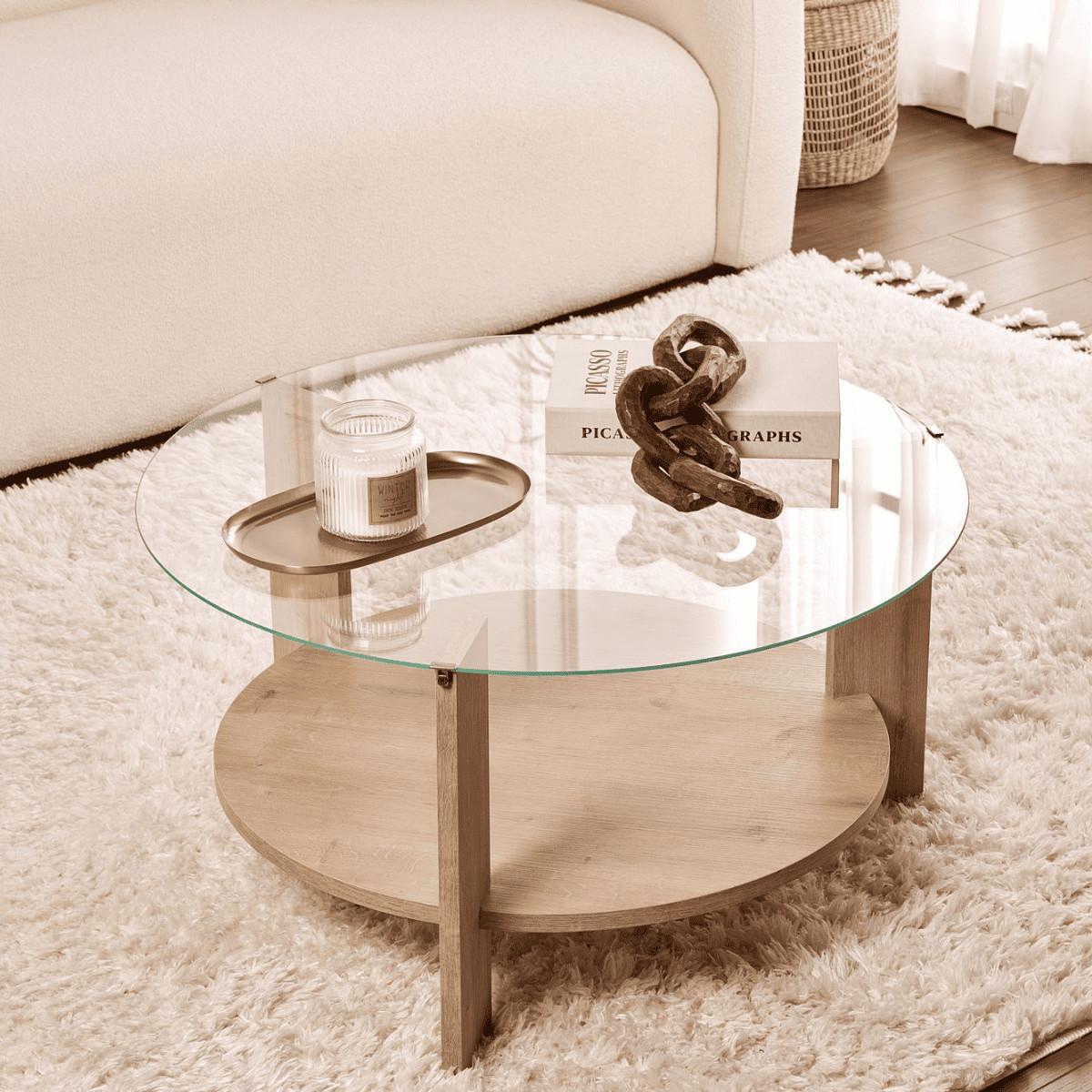COUCHTISCH mit 2 Platten, davon eine aus gehärtetem Glas 75/75/40 cm - Eichefarben, Holzwerkstoff (7.5/75/40cm) - Calicosy