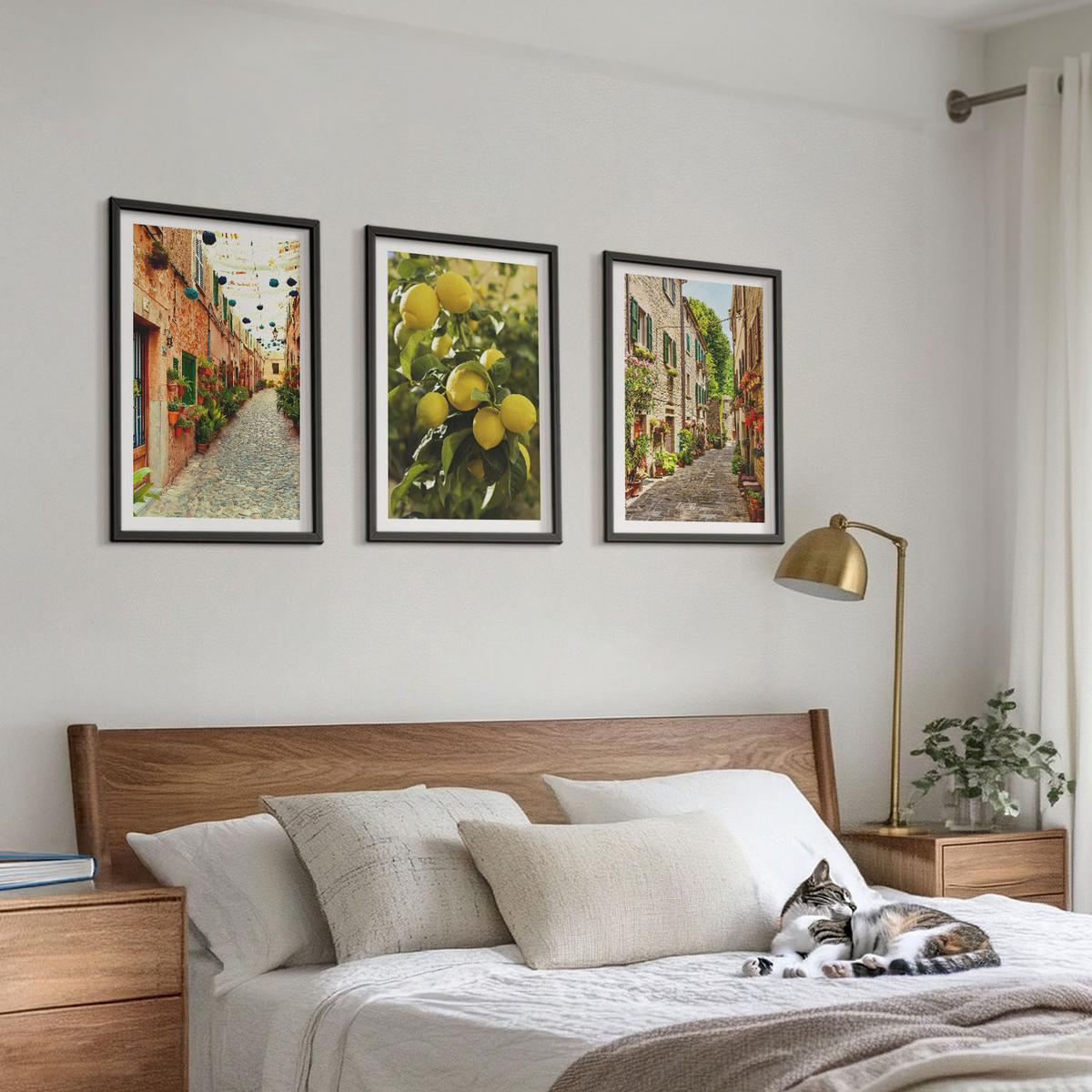 BILDER SET 3er Set - 40x60 cm Schwarzer Rahmen - Straßen mit Zitronenblüten im Hintergrund - Schwarz, Kunststoff (40/60cm) - TULUP
