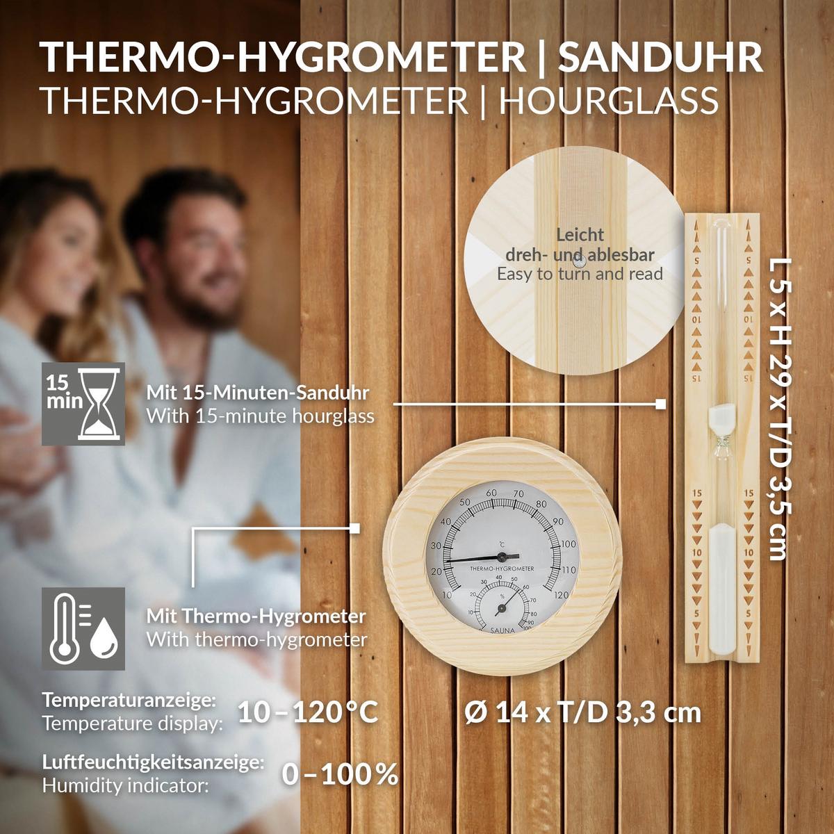 SAUNAZUBEHÖR-SET 4-teilig aus Kiefernholz mit Saunaeimer, Saunakelle, Thermometer-Hygrometer & Sanduhr - Naturfarben, Holz (37/30/27.5cm) - LuxeBath