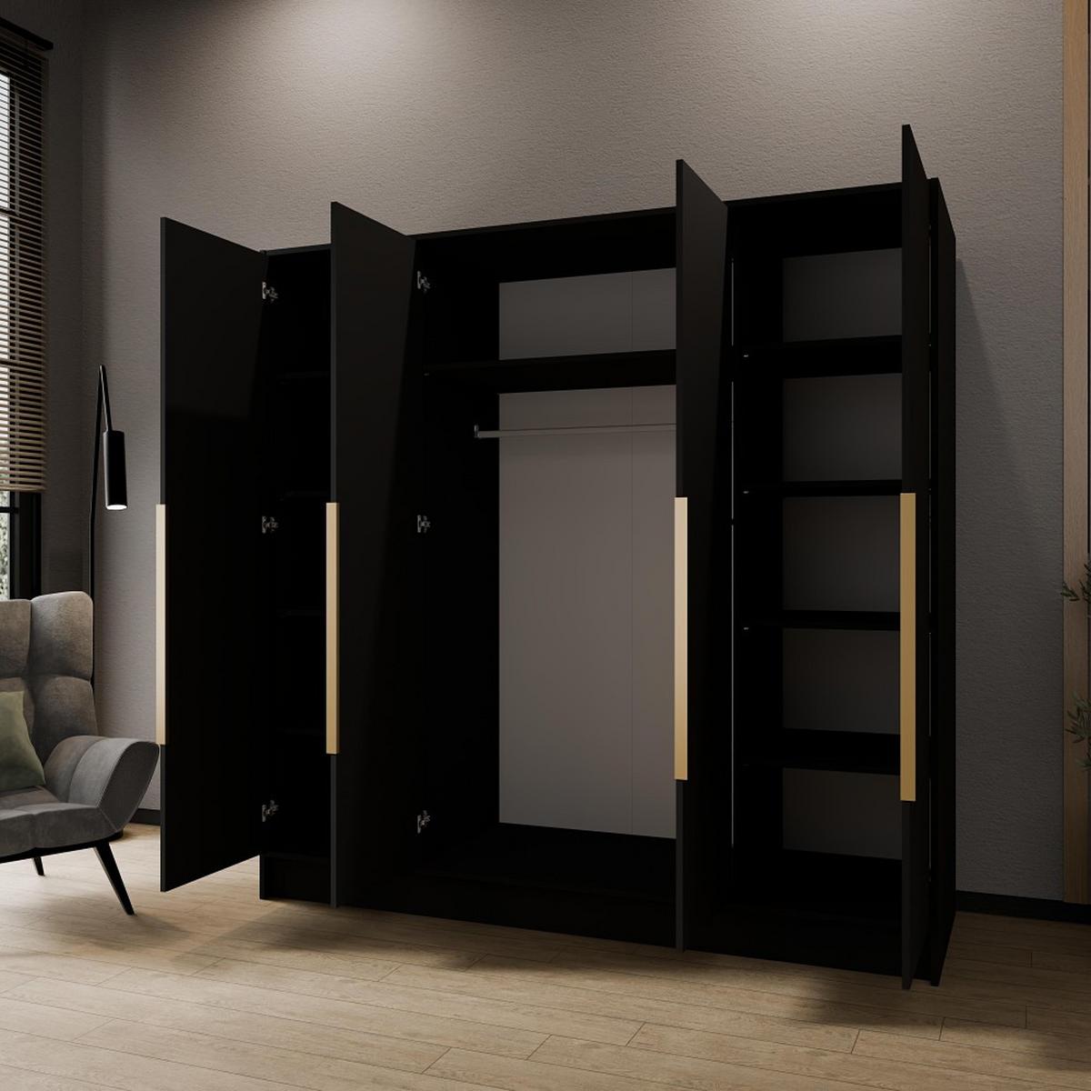 DREHTÜRENSCHRANK Pavia ohne Spiegel, Schwarz mit goldenen Griffen, 200 cm - Goldfarben/Schwarz, Holzwerkstoff (200/200/51cm) - Beautysofa