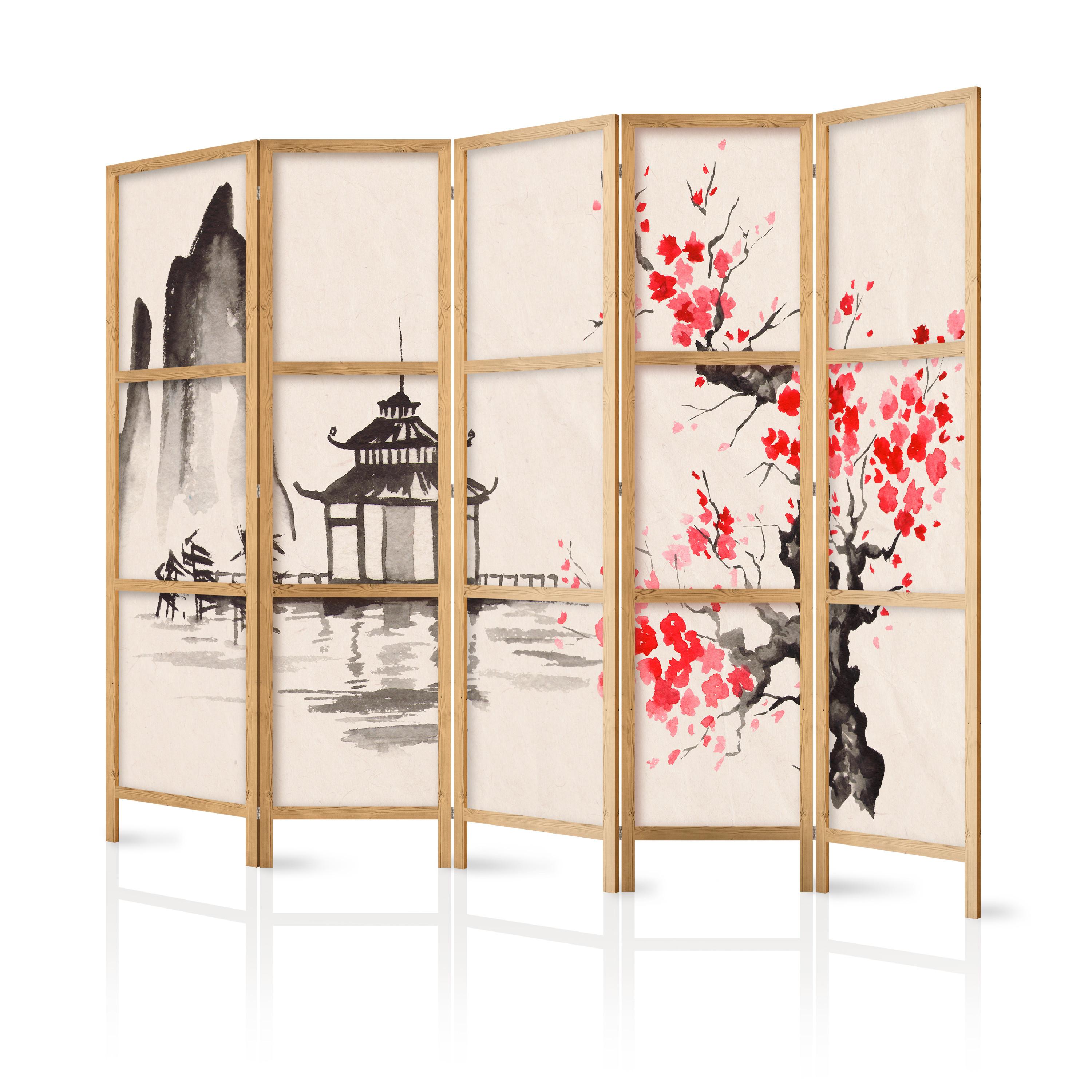 PARAVENT Japanischer 5-tlg 225x172 cm Aquarell Sakura Tempel - Beige, Holz/Textil (225/172/3cm) - Muralo