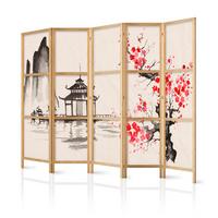 PARAVENT Japanischer 5-tlg 225x172 cm Aquarell Sakura Tempel - Beige, Holz/Textil (225/172/3cm) - Muralo