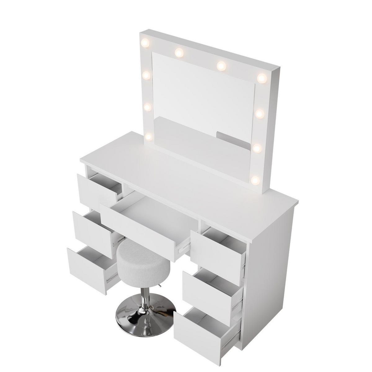 SCHMINKTISCH Talea mit LED (3 Lichtstufen) inkl Hocker Tonia - Weiß, Holz (110/141/40cm) - Juskys