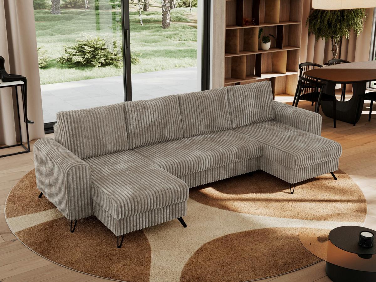WOHNLANDSCHAFT AXEL U Cord Hellbraun - Hellbraun/Schwarz, Textil/Metall (312/90/140cm) - MKS