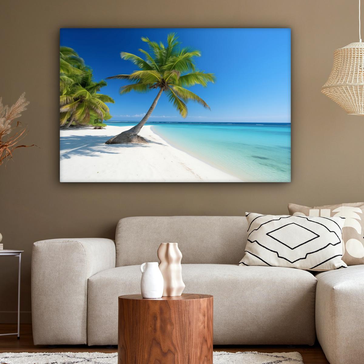 LEINWANDBILD Strand - Palme - Tropisch - Meer Wohnzimmer Groß 120x80 cm - Grün, Textil (120/80cm) - MuchoWow