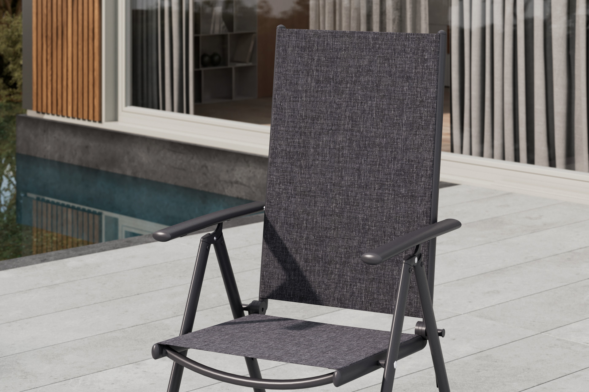 Gartenstuhl Dunkelgrau Schwarz Bezug Olefin Hochlehner wetterbeständig inkl. Armlehnen