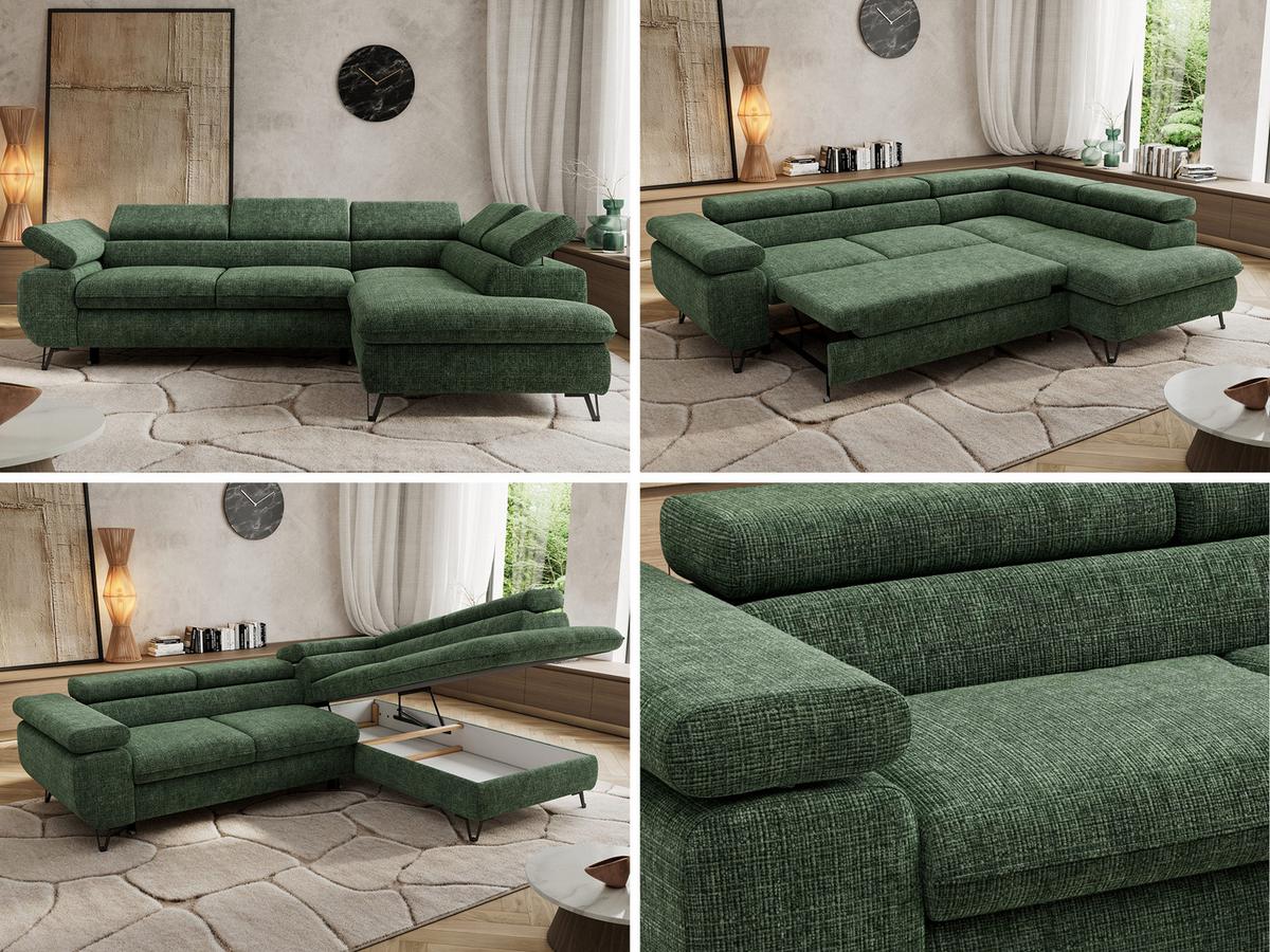 ECKSOFA PABLO L Dunkelgrün Schenille grob gewebt - Rechts Seite - Dunkelgrün/Schwarz, Textil/Metall (273/208cm) - MKS