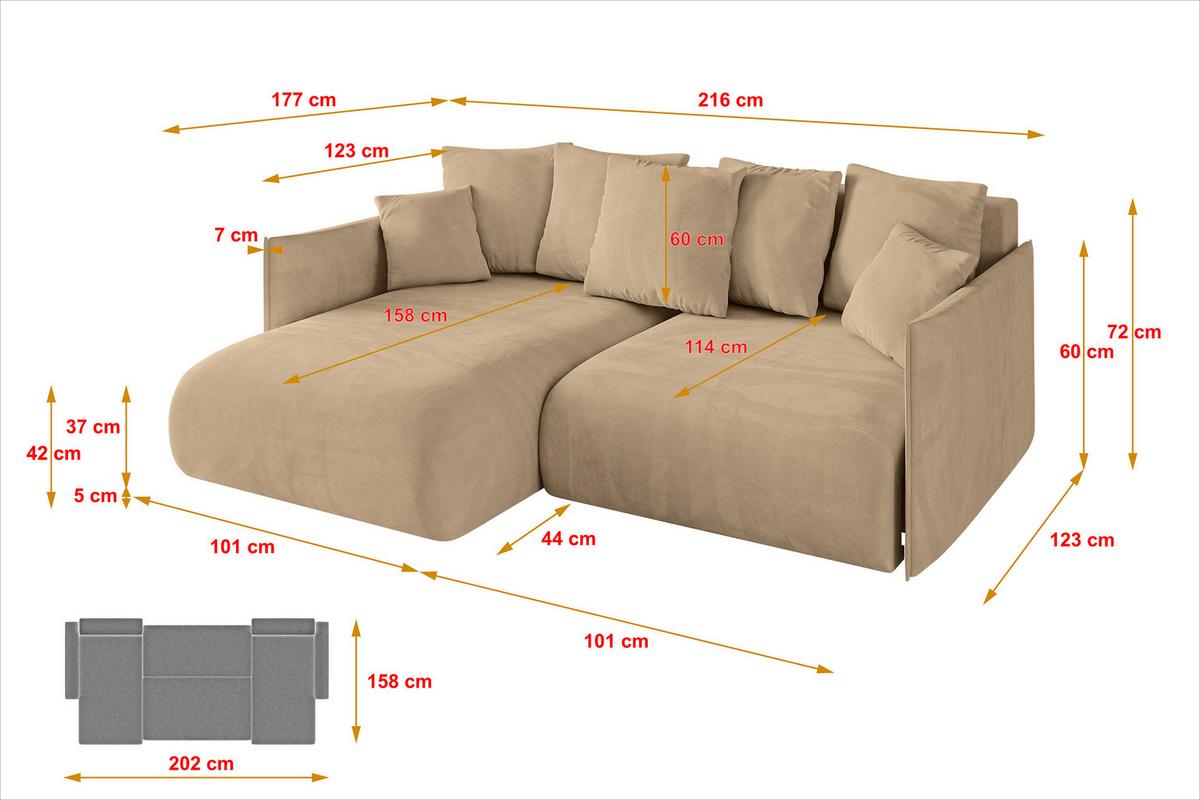 ECKSOFA Ottomane links ONESK-L 216x177x72 Grün Velours - Beige, Holzwerkstoff/Kunststoff (216/177cm) - ALTDECOR
