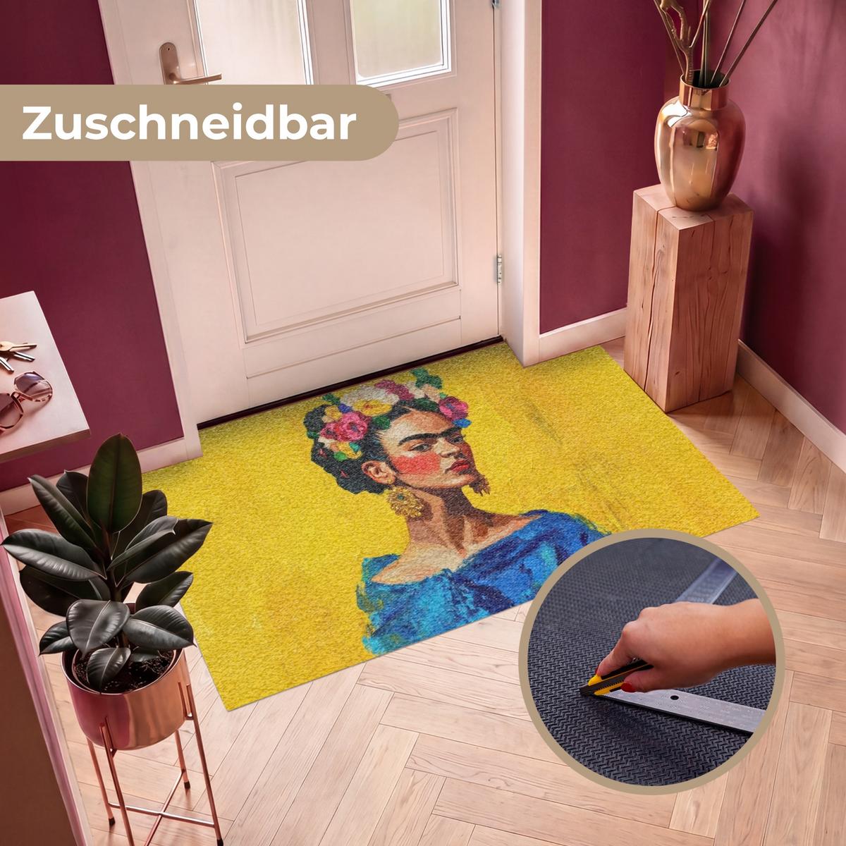 FUSSMATTE Frida Kahlo - Frau - Gelb - Blau - Blumen Schmutzfangmatte 150x90 cm - Gelb, Kunststoff (150/0.4cm) - MuchoWow