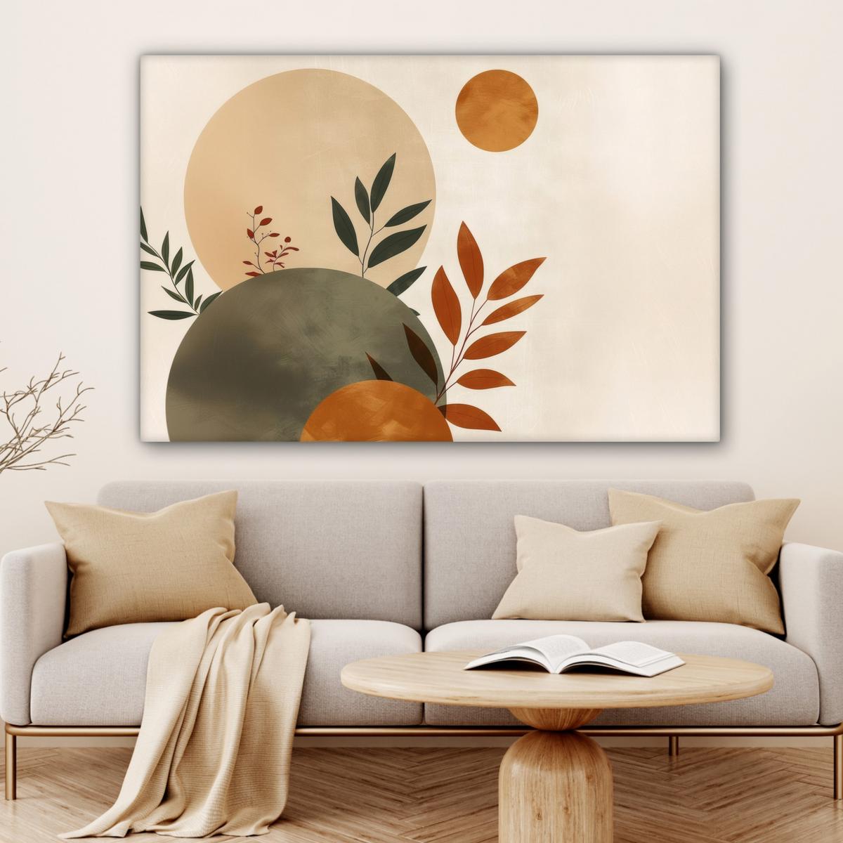 LEINWANDBILD Formen - Rund - Blätter - Beige Groß 140x90 cm - Rostfarben, Textil (140/90cm) - MuchoWow