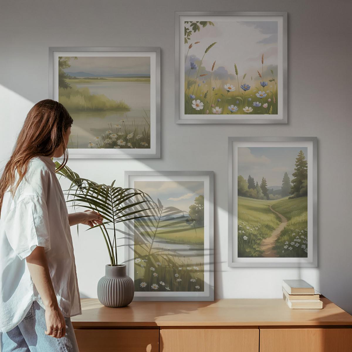 BILDER SET 4er Set - 50x50 cm & 40x60 cm Silberner Rahmen - Frühlingslandschaft Flusswiese - Silberfarben, Kunststoff (50/50cm) - TULUP
