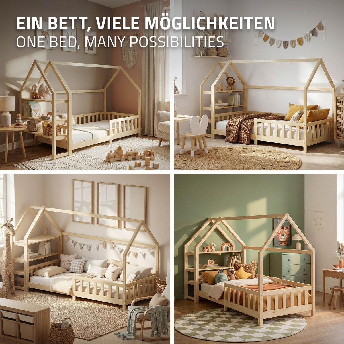 KINDERBETT 90x200 cm mit Rausfallschutz & Regal Natur aus Kiefernholz - Naturfarben, Holz (90/200cm) - ML-DESIGN