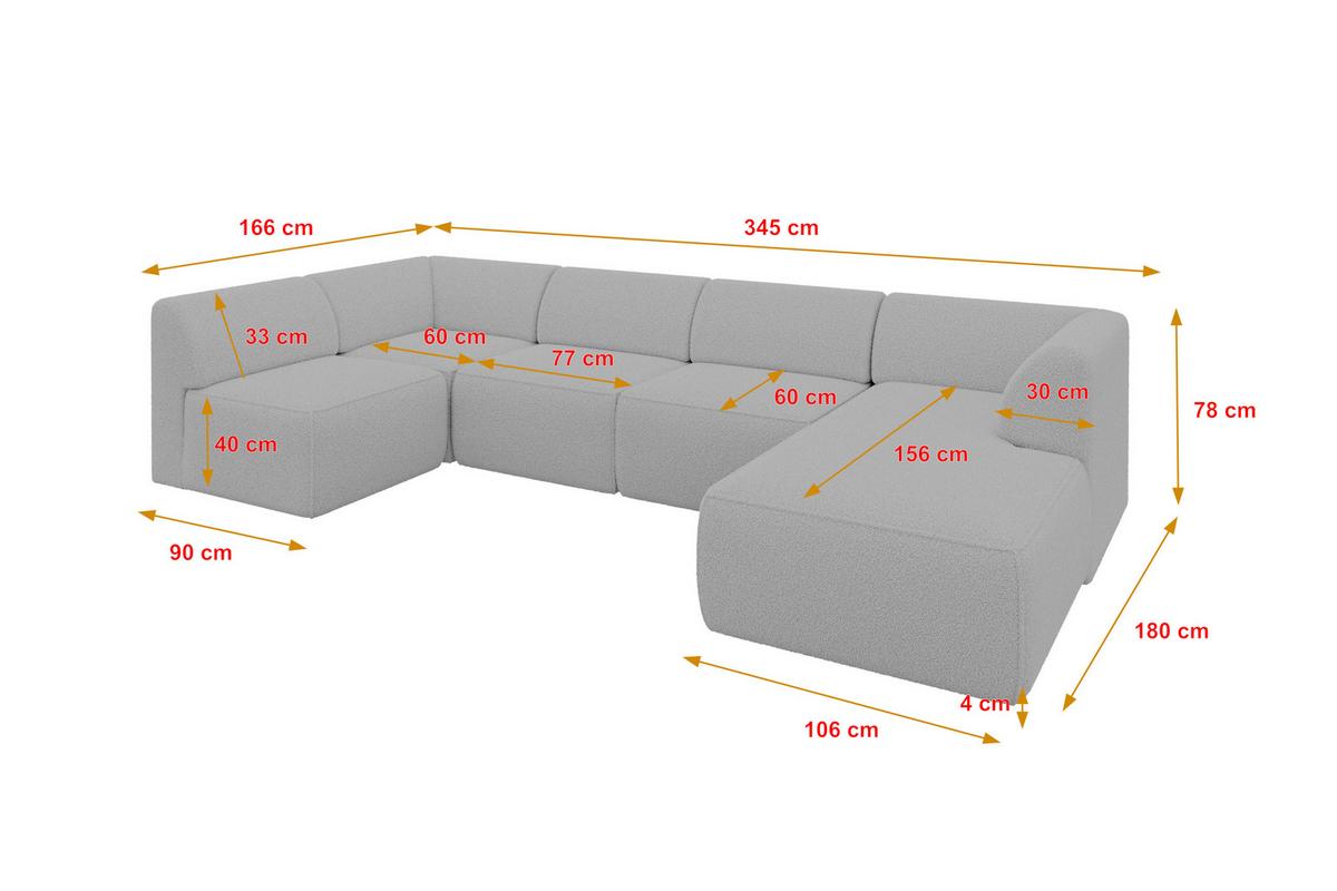 WOHNLANDSCHAFT Ottomane Rechts MOVO-L 345x180x78 cm Hellgrau Bouclé - Anthrazit, Holzwerkstoff/Kunststoff (180/78/345cm) - ALTDECOR