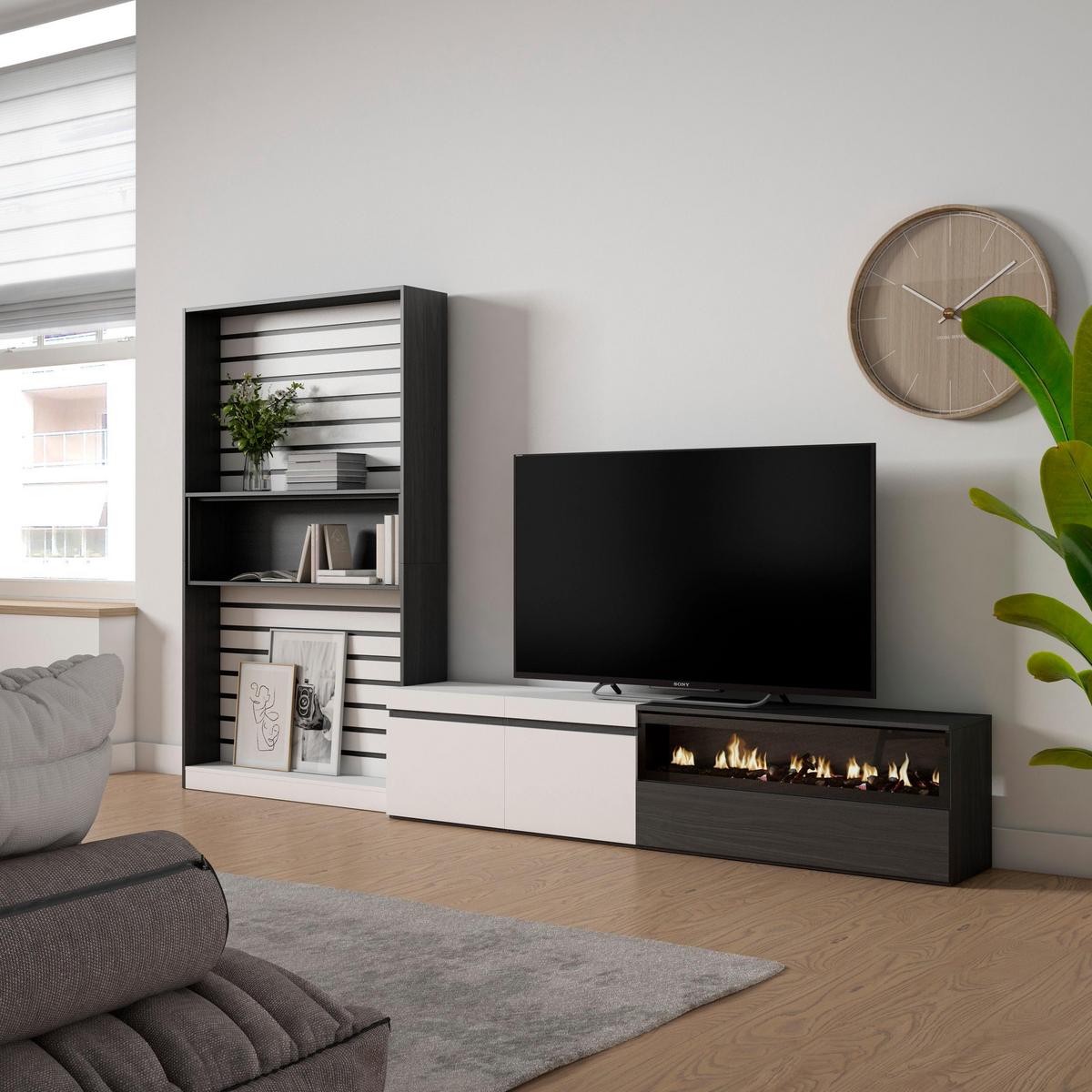 WOHNWAND Wohnzimmer, weiß und schwarz, Elektrokamin,, 310/35/186cm - Schwarz/Weiß, Holzwerkstoff (310/186/35cm) - Skraut Home