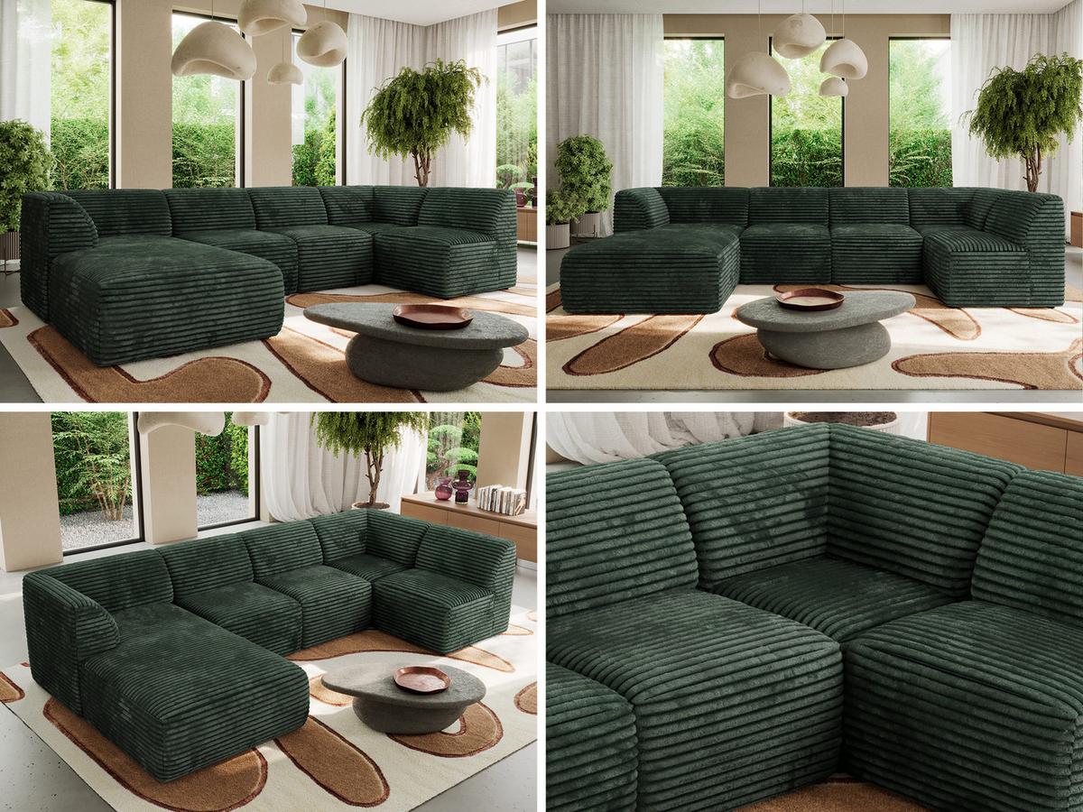 WOHNLANDSCHAFT MODARO U 5M - Grün Cord - Links - Dunkelgrün/Schwarz, Textil (180/78/345cm) - MKS