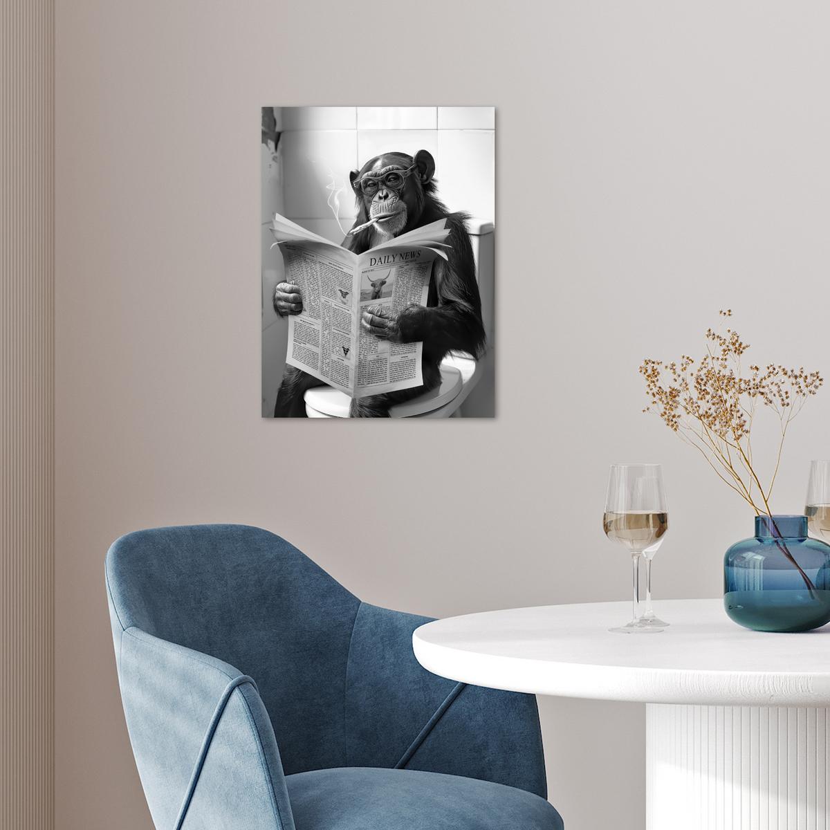 POSTER Affe - WC - Zeitung - Schwarz-Weiß - Humor Wandbilder 30x40 cm - Hellgrau, Papier (30/40/0.1cm) - MuchoWow