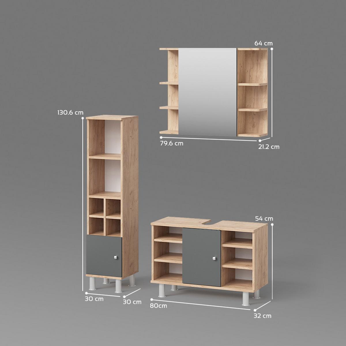BADMÖBEL-SET Fucino Goldkraft Eiche 3 Teile, mit Midischrank Tür klein - Honigeiche, Holzwerkstoff (80/130/32cm) - Livinity®