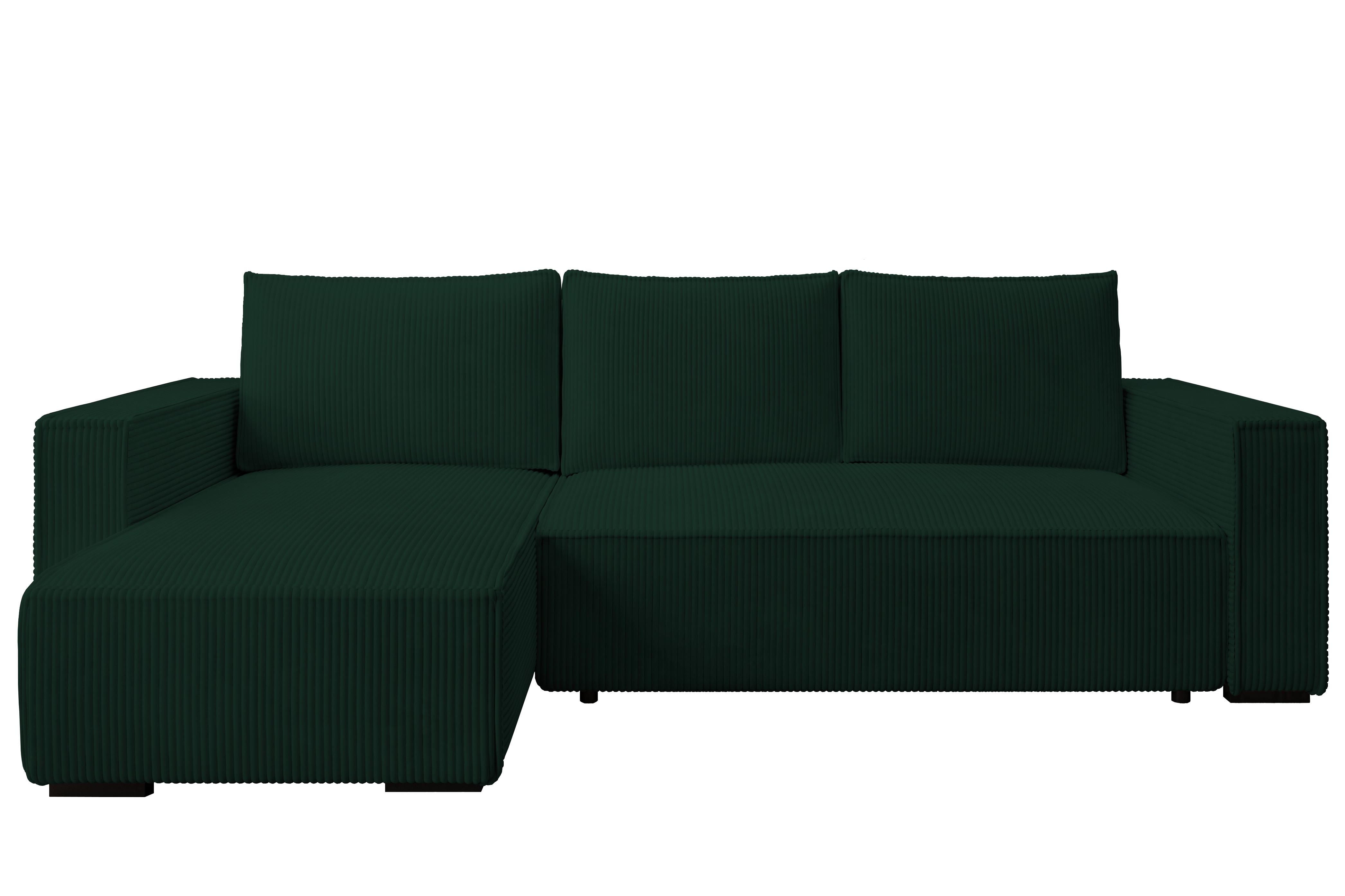 ECKSOFA CUDDY L, Eckcouch in L-Form mit Schlaffunktion und Bettkasten, Farbe: Grün, Cordstoff, Ottomane Links - Grün, Textil (240/140cm) - Storez24