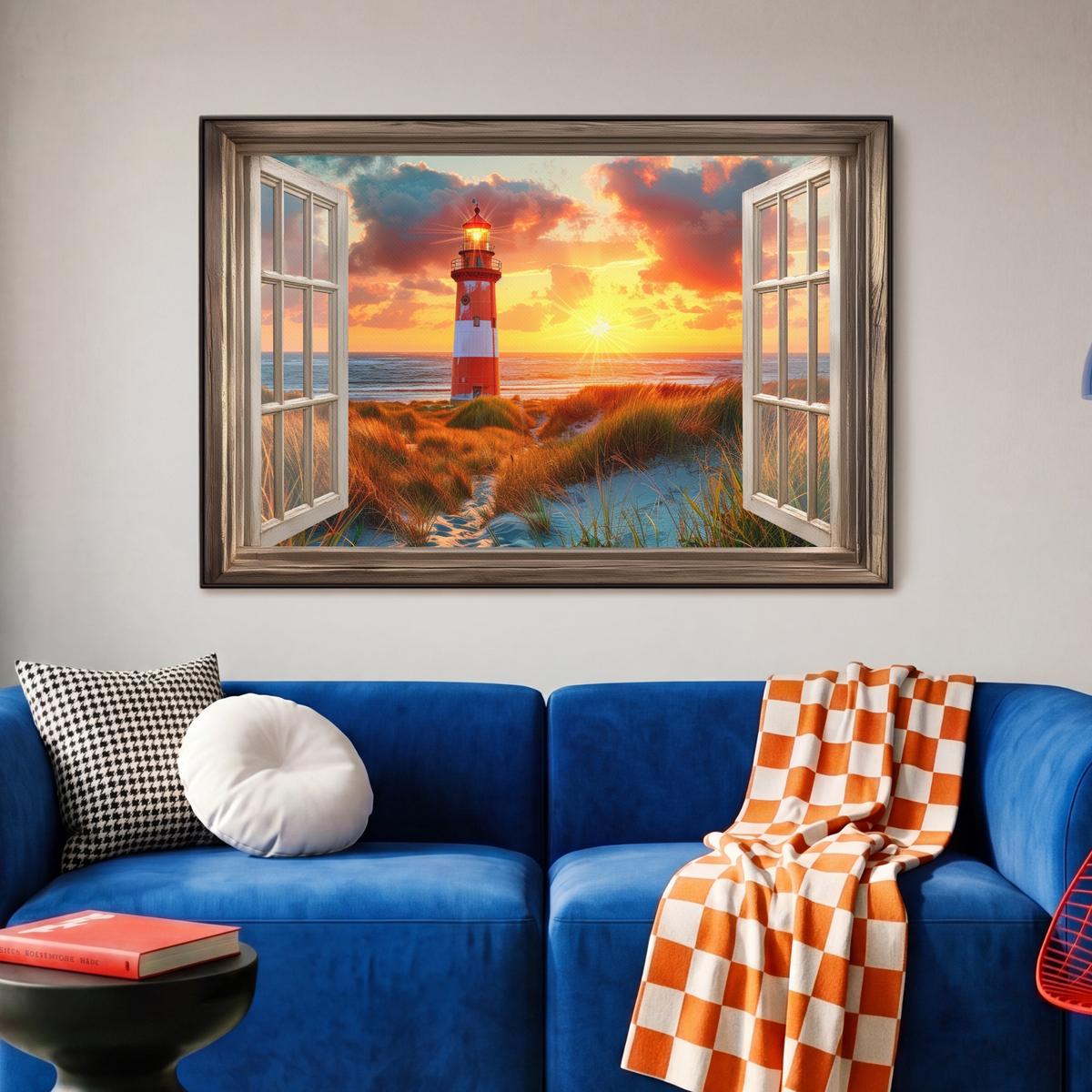 LEINWAND Bilder mit Rahmen - Aussicht - Fenster - Leuchtturm - Sonnenuntergang - Strand - 90x60 - Dunkelorange, Textil (90/60cm) - MuchoWow
