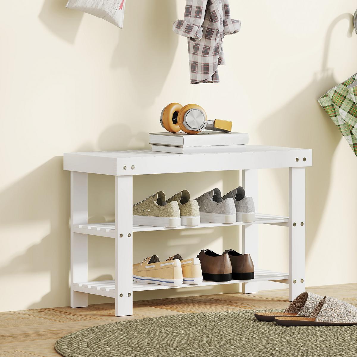SCHUHBANK aus Bambus mit 2 Ablagen, Sitzbank mit Stauraum 70x28x45 cm, Weiß - Weiß, Naturmaterialien (28/45/70cm) - HOMCOM