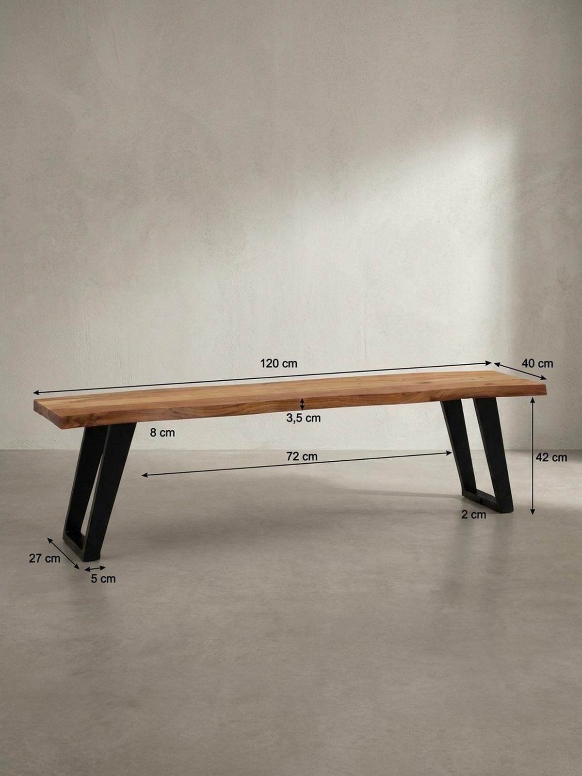 ESSZIMMERBANK Massivholz Metall Baumkante U-Beine, Akazie 120x40x46 cm - Schwarz/Braun, Holz/Metall (120/46/40cm) - KADIMA DESIGN