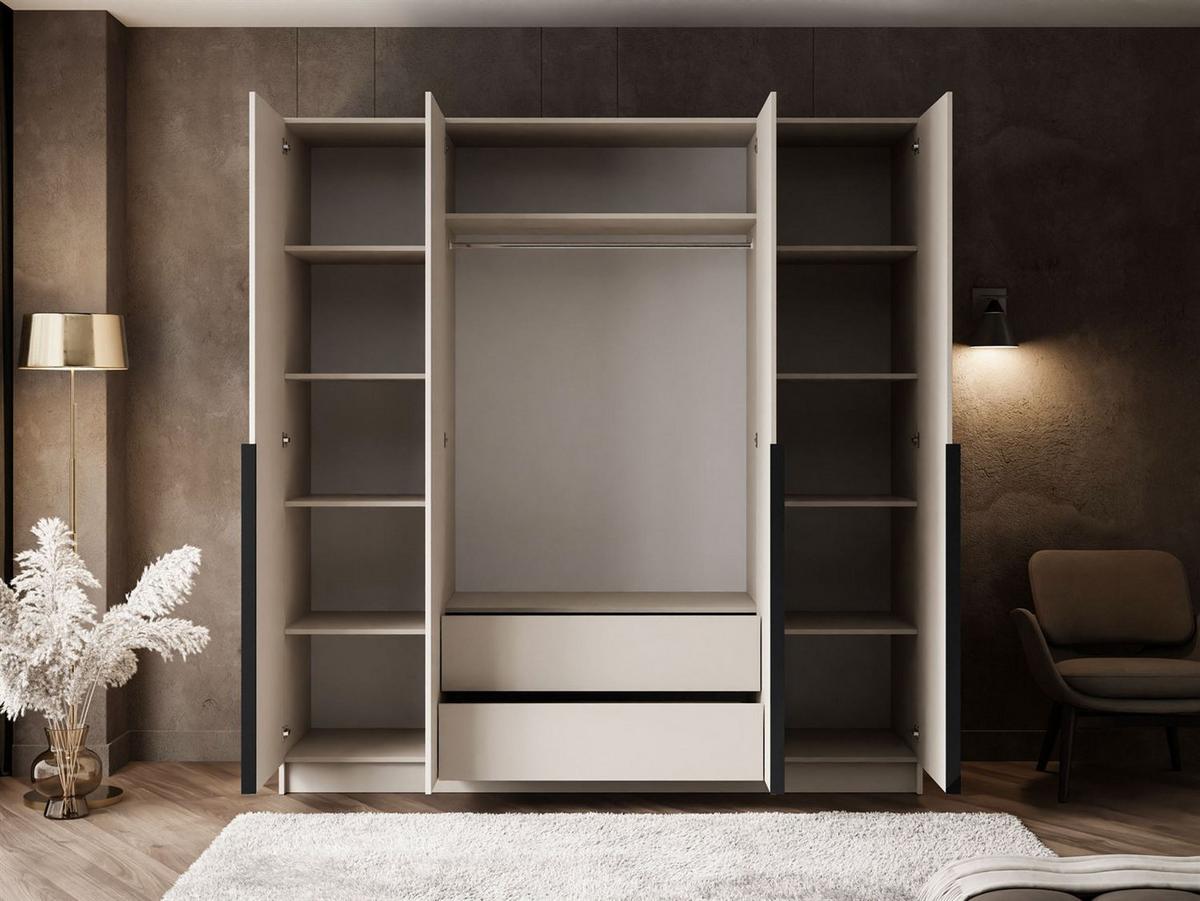 KLEIDERSCHRANK AUREL 4D in KASCHMIR mit Spiegel mit schwarzen Griffen - Kaschmir/Beige, Holzwerkstoff (200/200/57cm) - Lookway