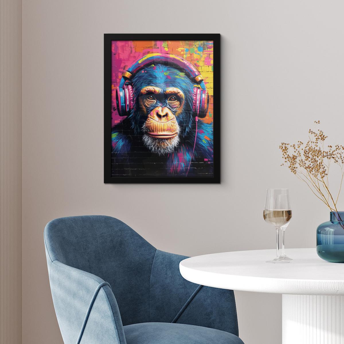 POSTER MIT RAHMEN Graffiti - Schimpanse - Straßenkunst - Kopfhörer - Affe Bilderrahmen 30x40 cm - Blau, Papier (30/40cm) - MuchoWow