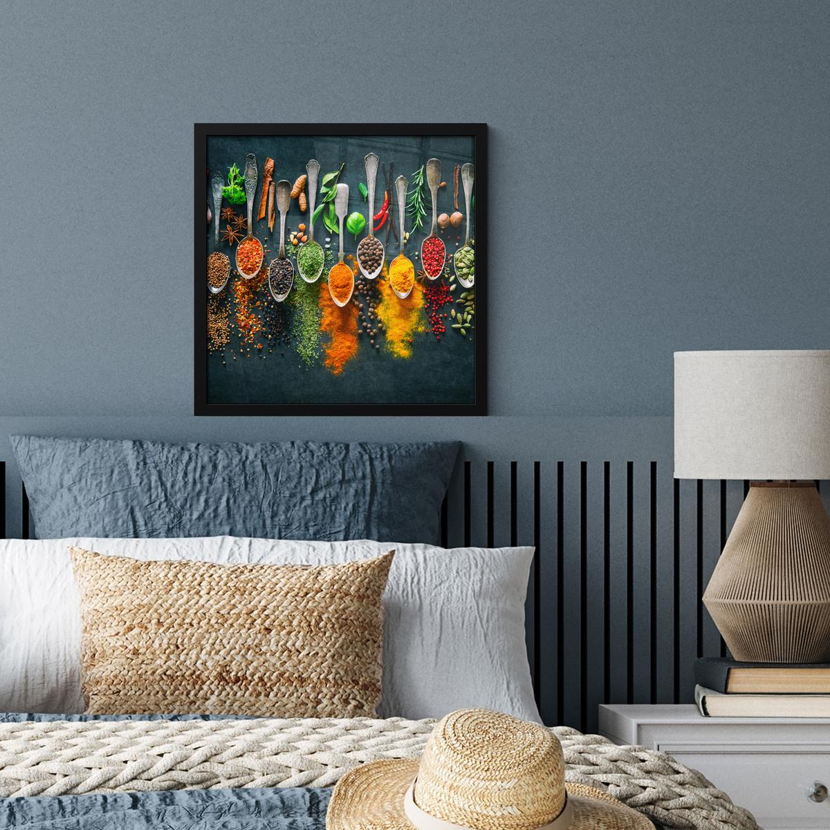 POSTER MIT RAHMENGERAHMTES BILD Kräuter - Gewürze - Löffel 40x40 cm - Currygelb, Papier (40/40cm) - MuchoWow