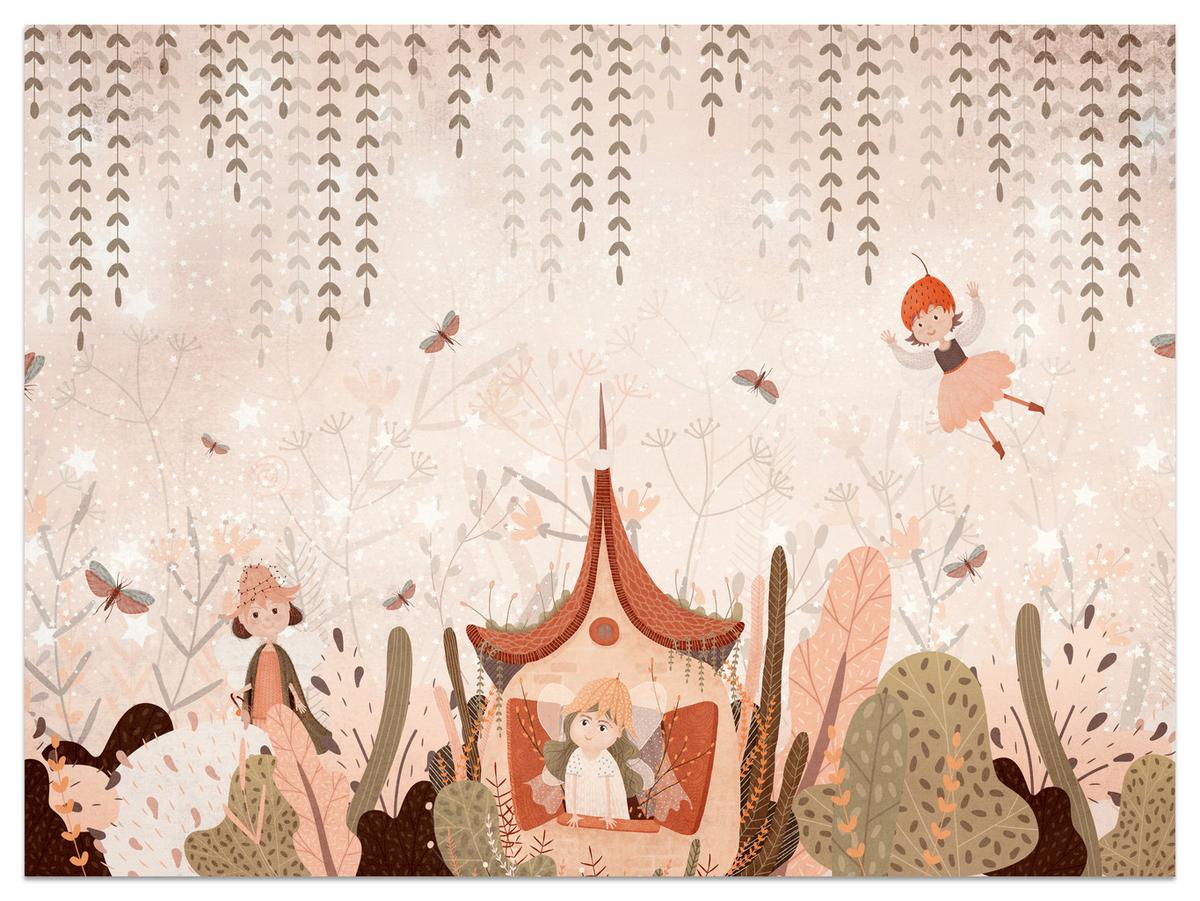 FOTOTAPETE für Kinderzimmer Feen Aquarell Wald Blumen Blätter Boho 250x175 - Beige/Orange, Papier (250/175cm) - Muralo