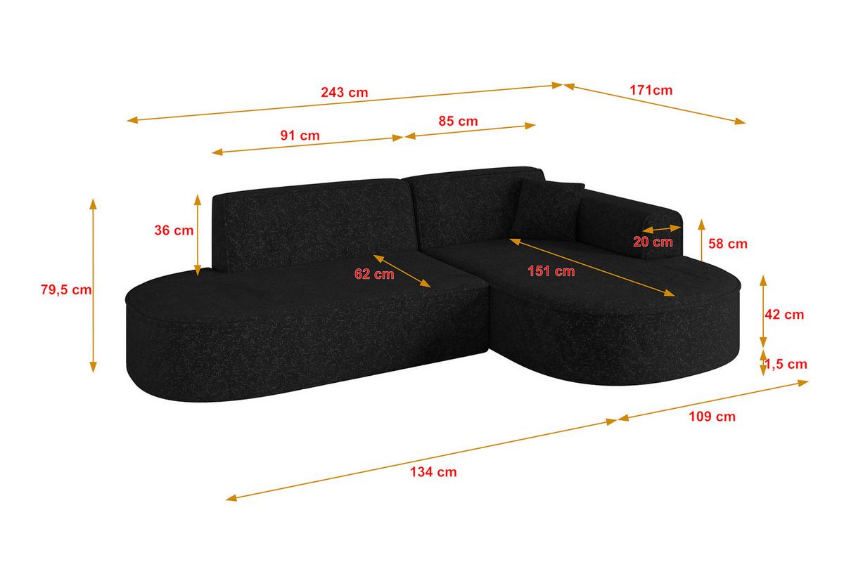 ECKSOFA Ottomane Rechts MARI-L1 - 243x171x79 cm Schwarz Tissu - Schwarz, Holzwerkstoff/Kunststoff (171/243cm) - ALTDECOR