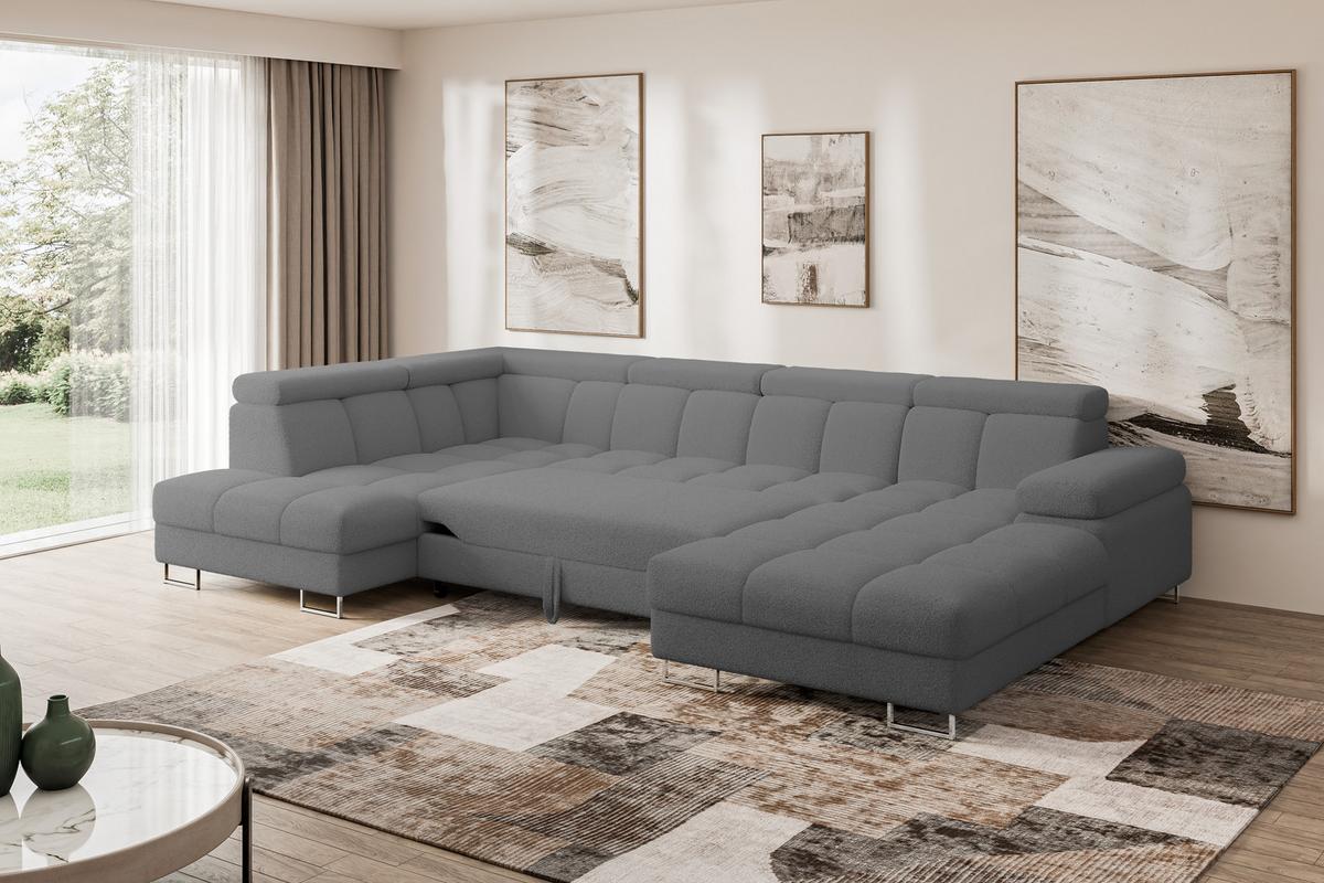 WOHNLANDSCHAFT mit Schlaffunktion und Bettkasten Ottomane Links COMA U 345x203x79 Grau Bouclé - Chromfarben, Holzwerkstoff/Textil (345/79/203cm) - ALTDECOR