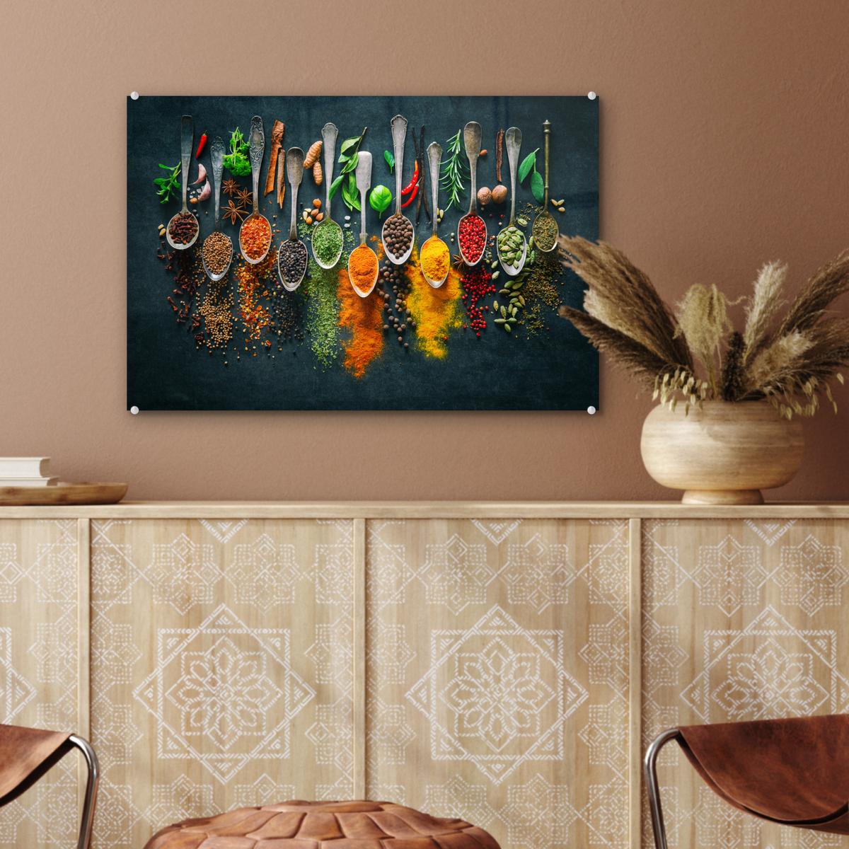 ACRYLGLASBILD Kräuter - Gewürze - Löffel Wanddeko 60x40 cm - Currygelb, Glas (60/40cm) - MuchoWow