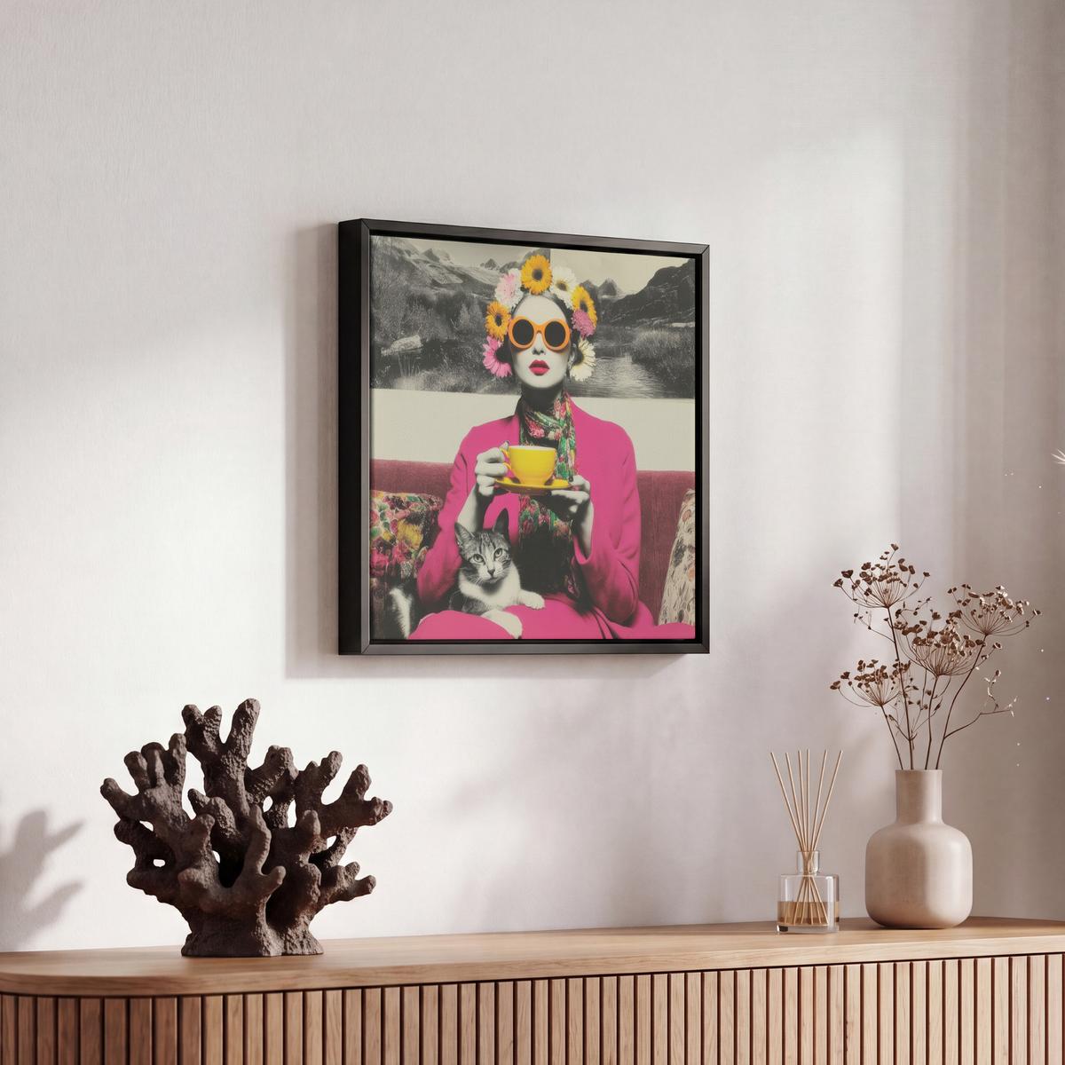 LEINWAND Bilder mit Rahmen - Frau - Katze - Blumen - Tasse - Retro - 20x20 - Magenta, Textil (20/20cm) - MuchoWow